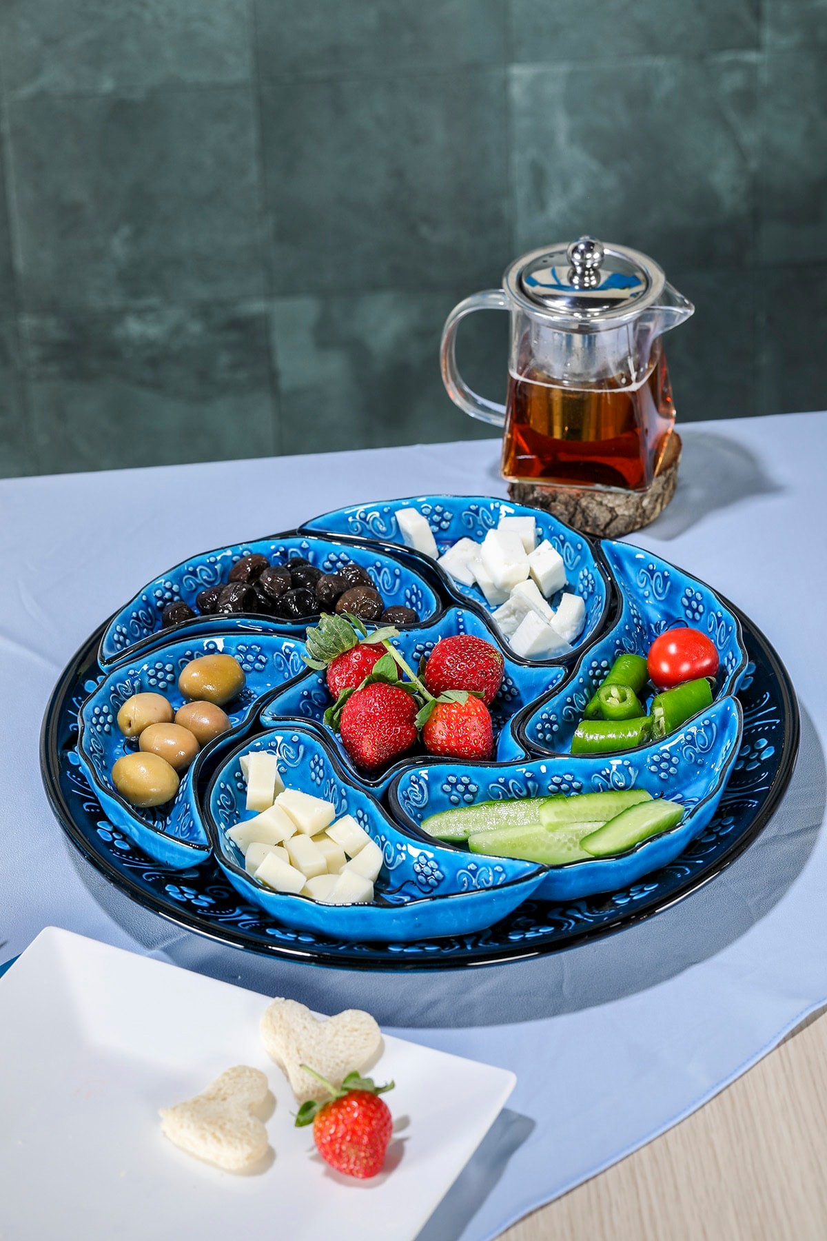 Hand Painted Snack Serving Platter and Dish Crudite Set - Embossed Floral