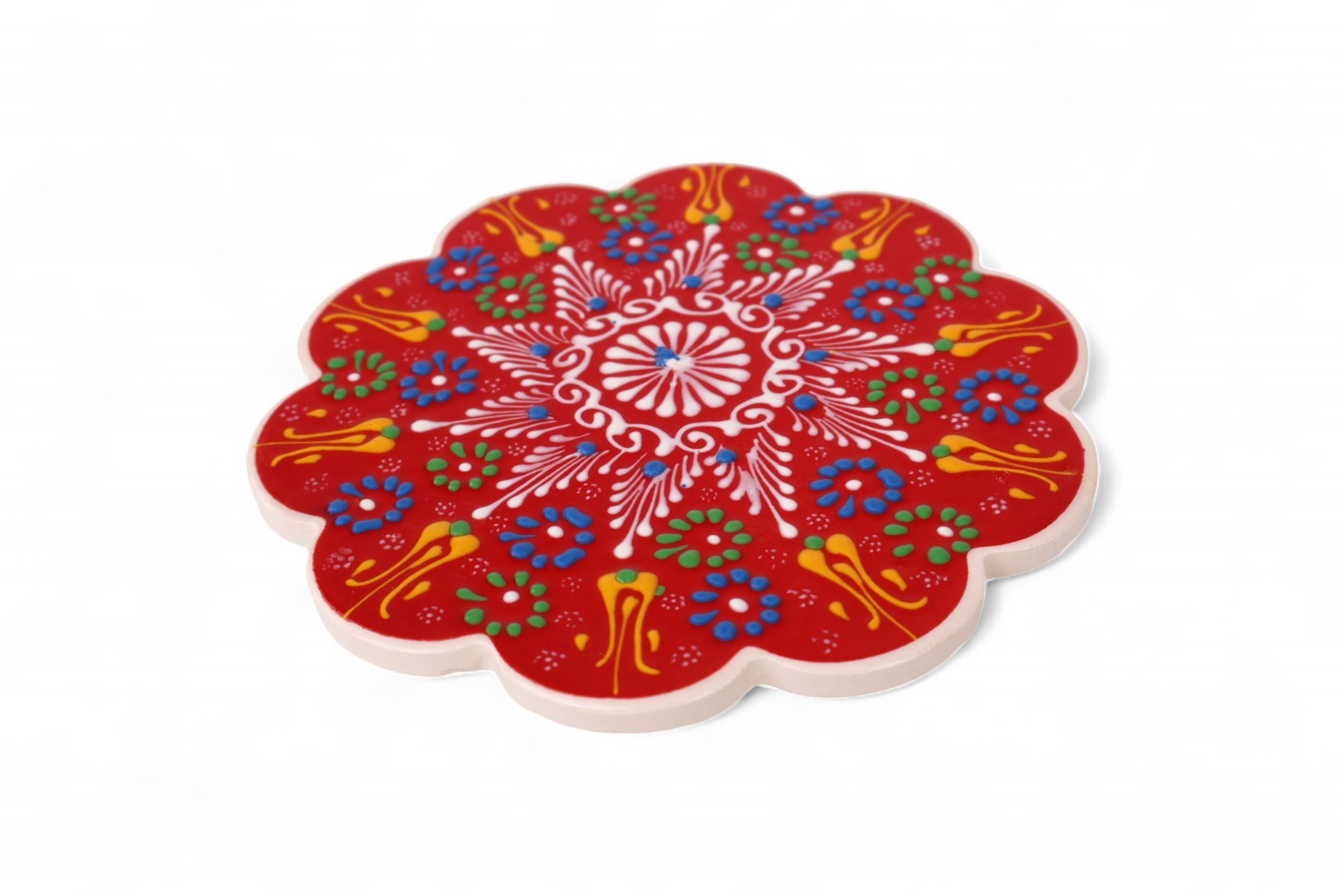 Handcrafted Ceramic Relief Trivet - Embossed Floral Patterns (Variety of Colors) - Red