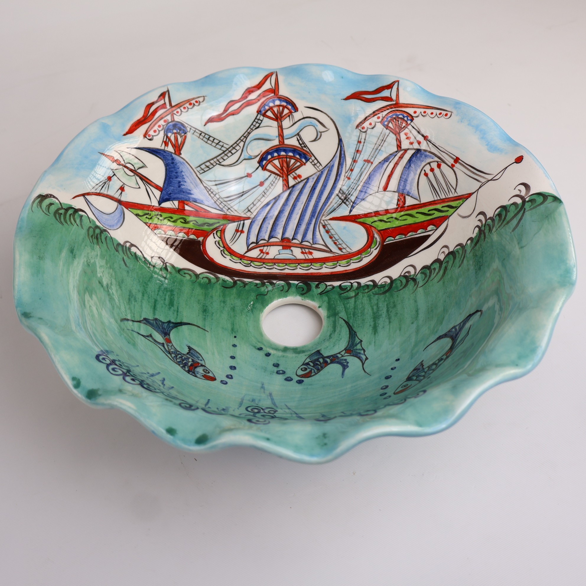 Hand-Painted Nautical Ceramic Sink - Turkish Ceramic Bowl Sink | Iznik-Inspired Bathroom Sink for Remodeling with Maritime Decor