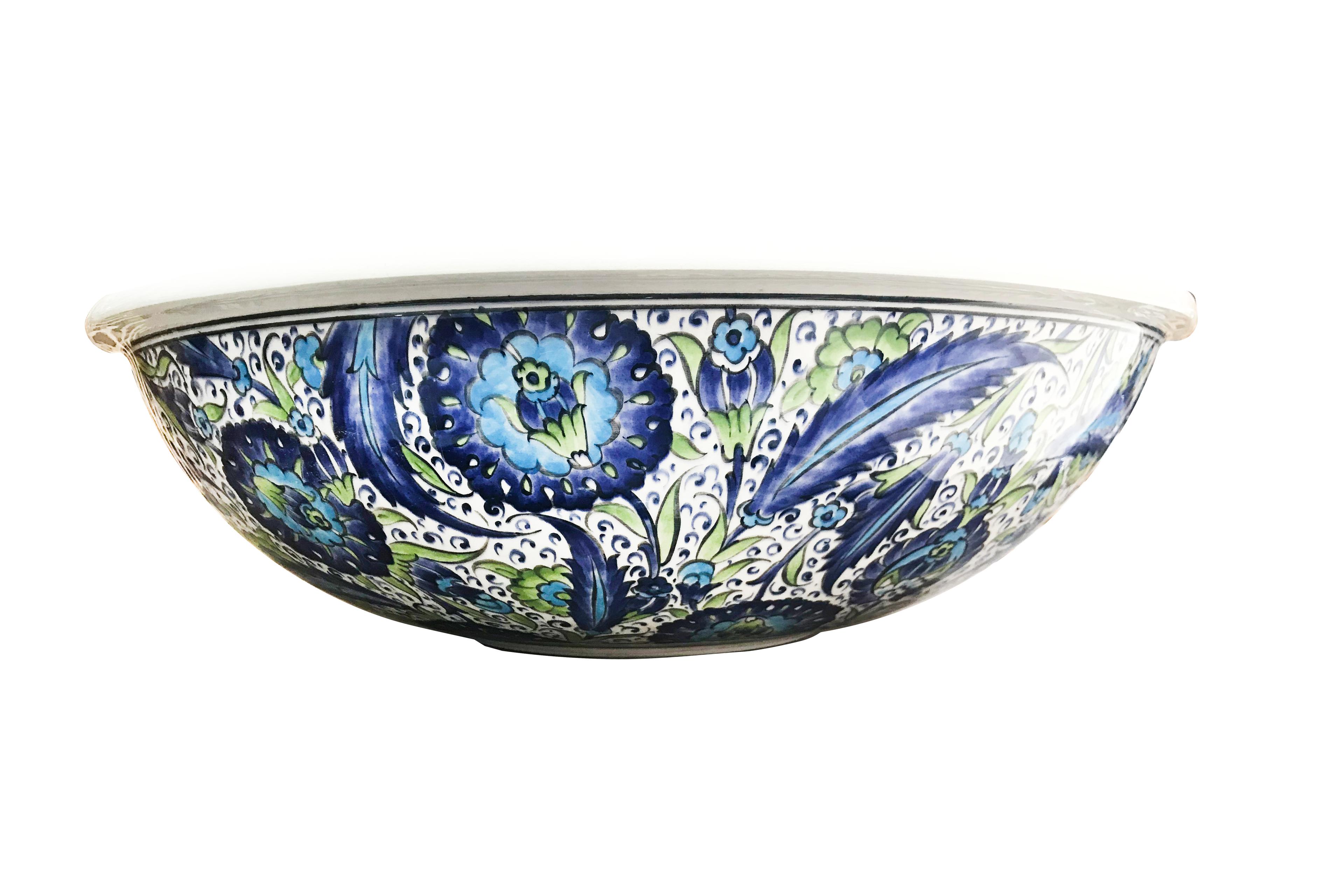 Hand Painted Bathroom Vanity Top Ceramic Vessel Sink - Blue Floral Pattern