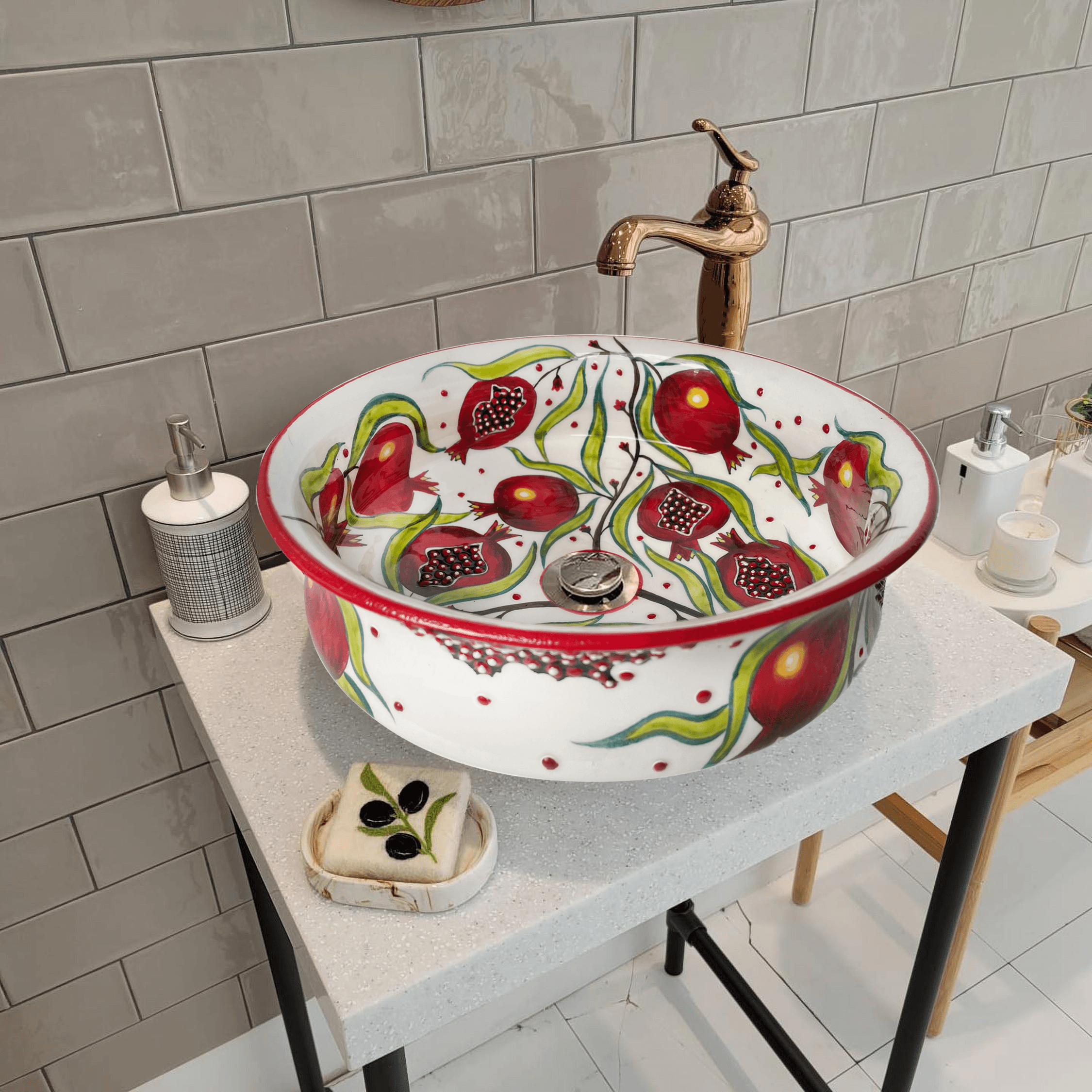 Hand Painted Bathroom Vanity Top Ceramic Vessel Sink - Pomegranates