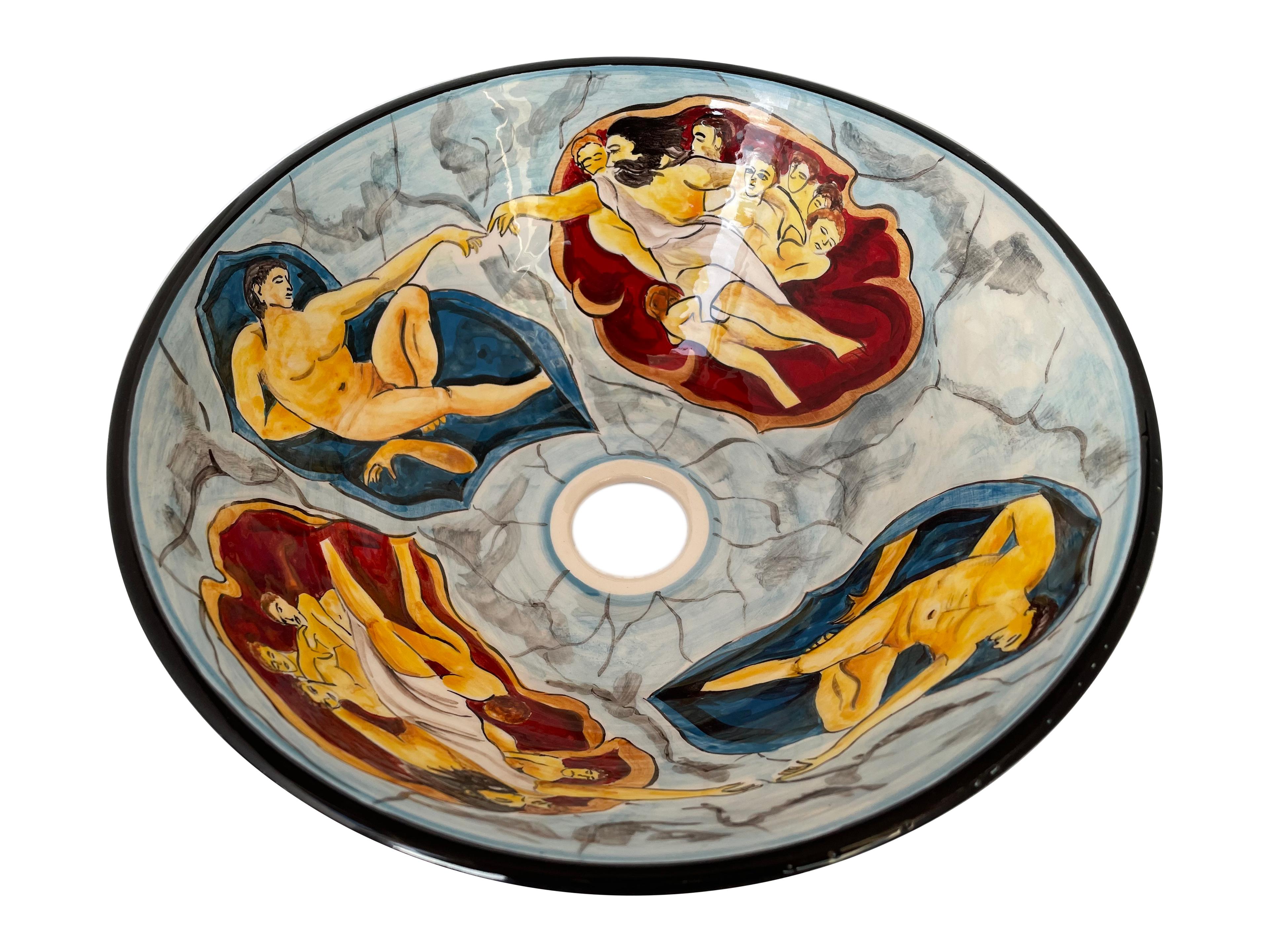 Hand Painted Bathroom Ceramic Vessel Sink Countertop - Michelangelo’s Creation of Adam