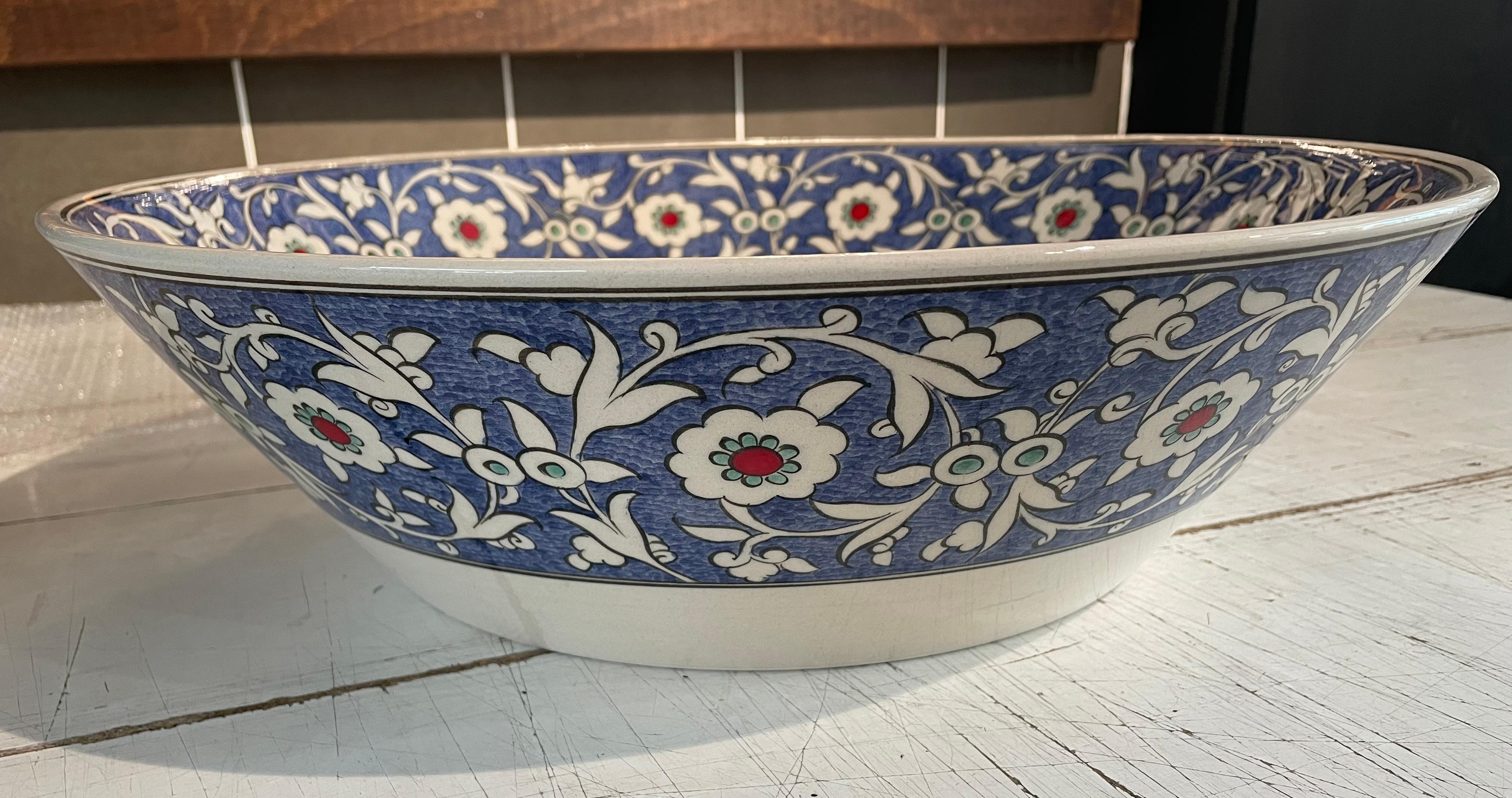 Hand Painted Bathroom Vanity Top Ceramic Vessel Sink - Blue Floral Motifs