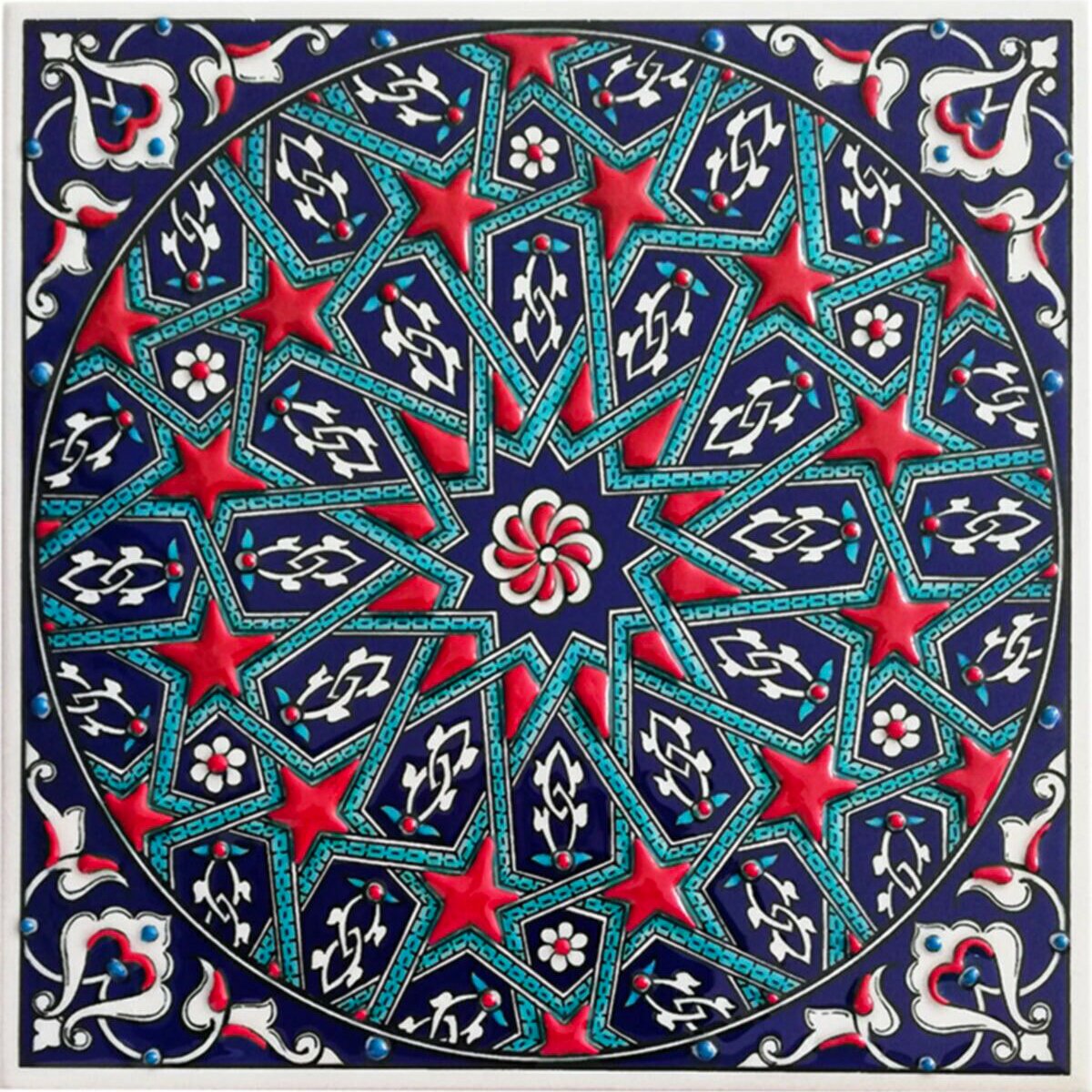 Hand Painted Turkish Ceramic Tile -  Handmade Decorative Geometric Patterned Tile - 8 in [20Cm] - Zeem Ceramic