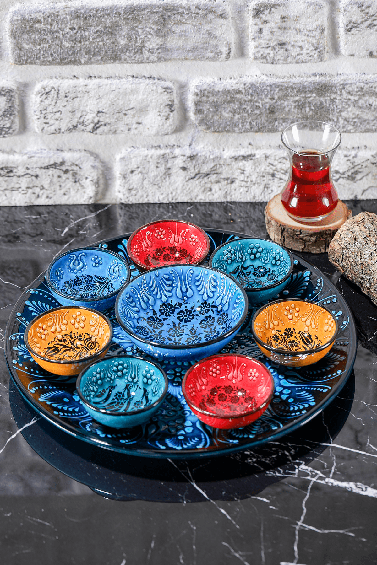 Hand Painted Snack Serving Platter and Dish Crudite Set - Embossed Floral