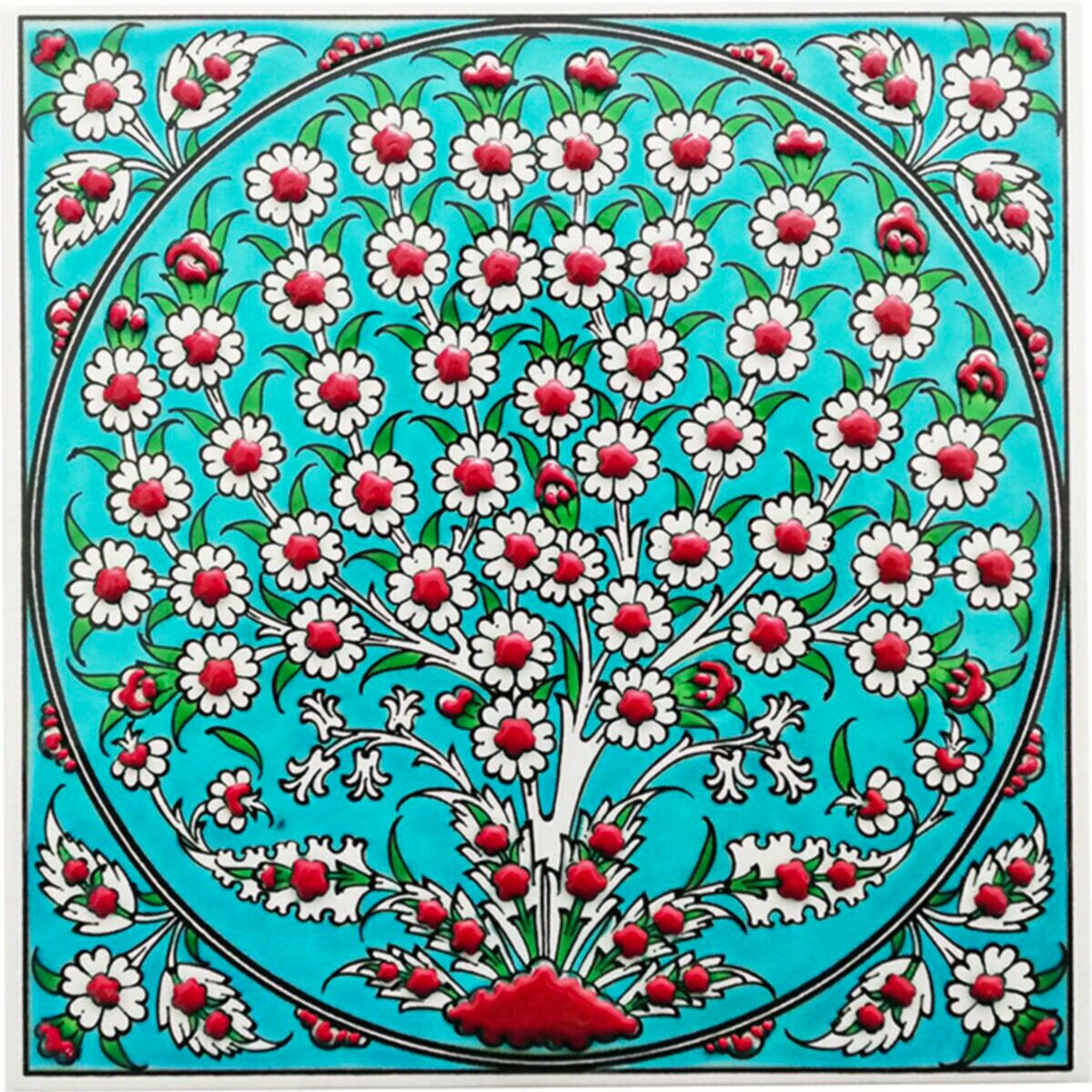 Hand Painted Turkish Ceramic Tile -  Handmade Decorative Tree of Life Patterned Tile - 8 in [20Cm] - Zeem Ceramic