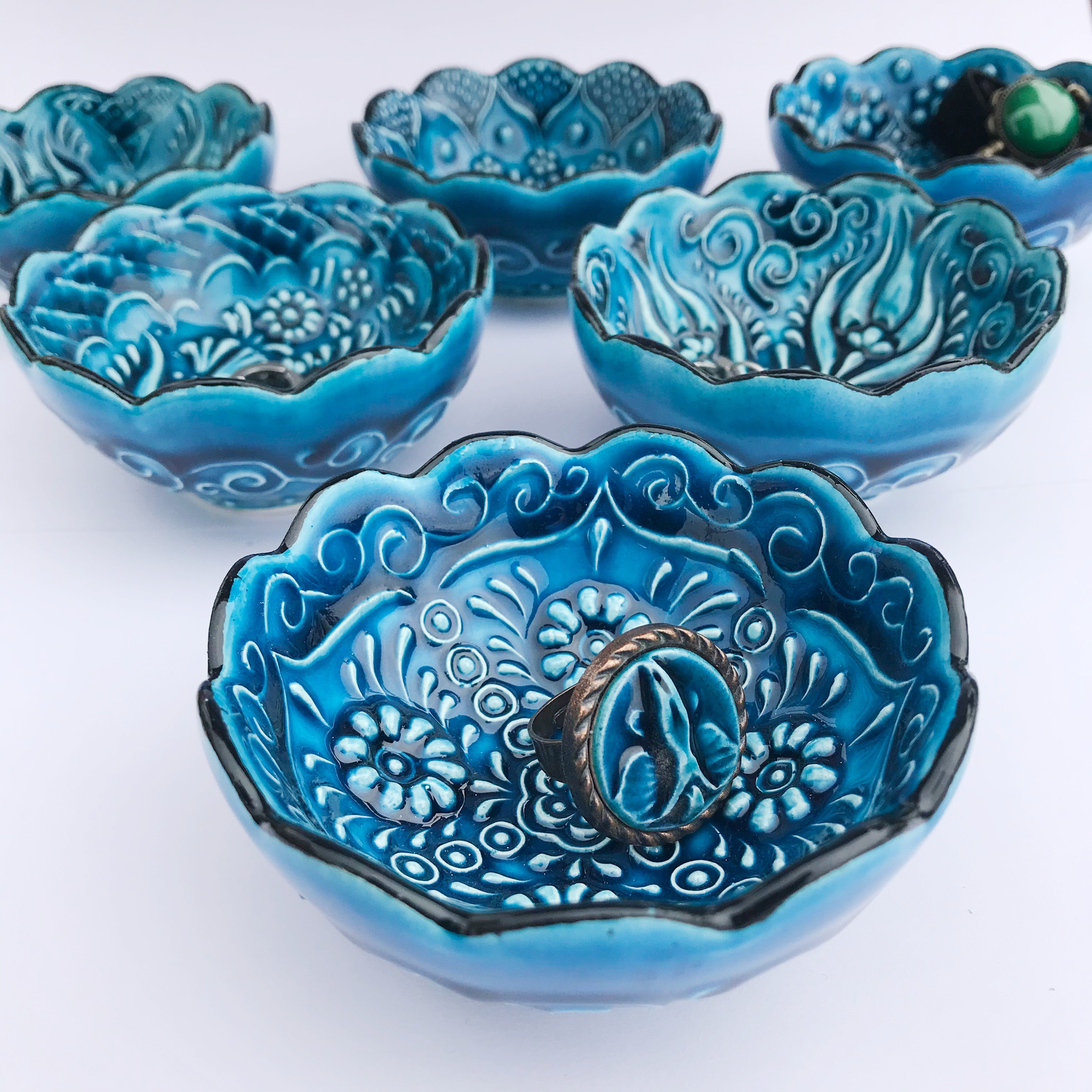 Artisan Hand Painted Ceramic Dipping & Condiment Turquise and Blue Bowls - Blue