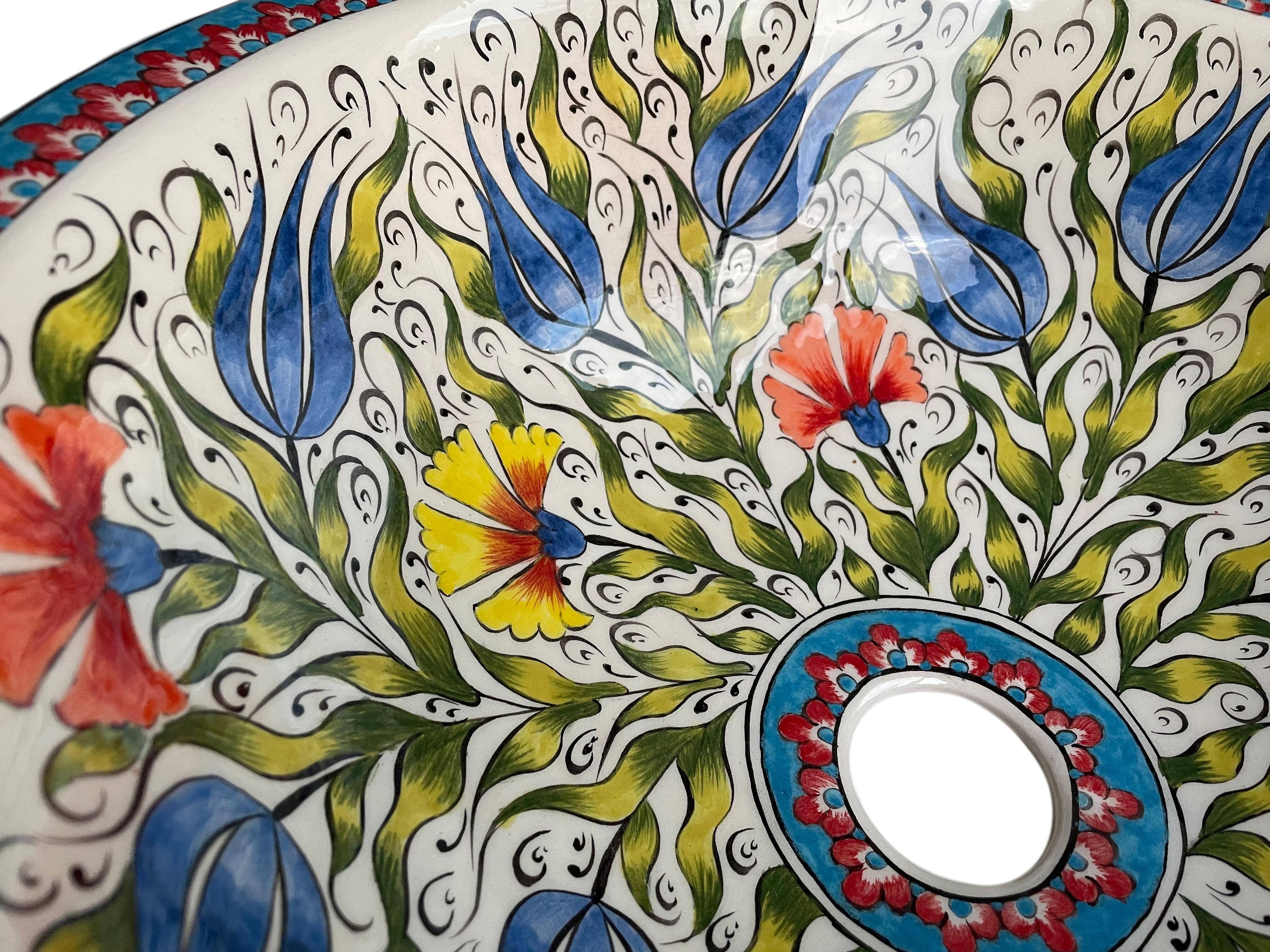 Hand Painted Bathroom Ceramic Vessel Sink Countertop - Multicolor Flowers