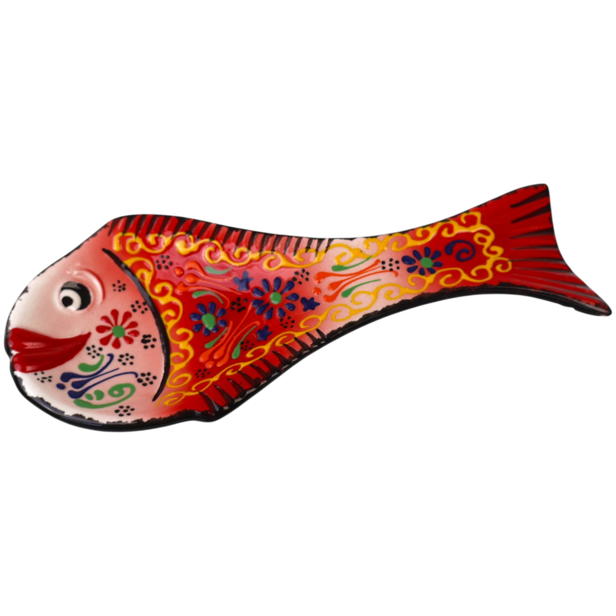 Handcrafted Fish Shaped Ceramic Spoon Rest - Raised Relief Floral Patterns (Variety of Colors) - Red