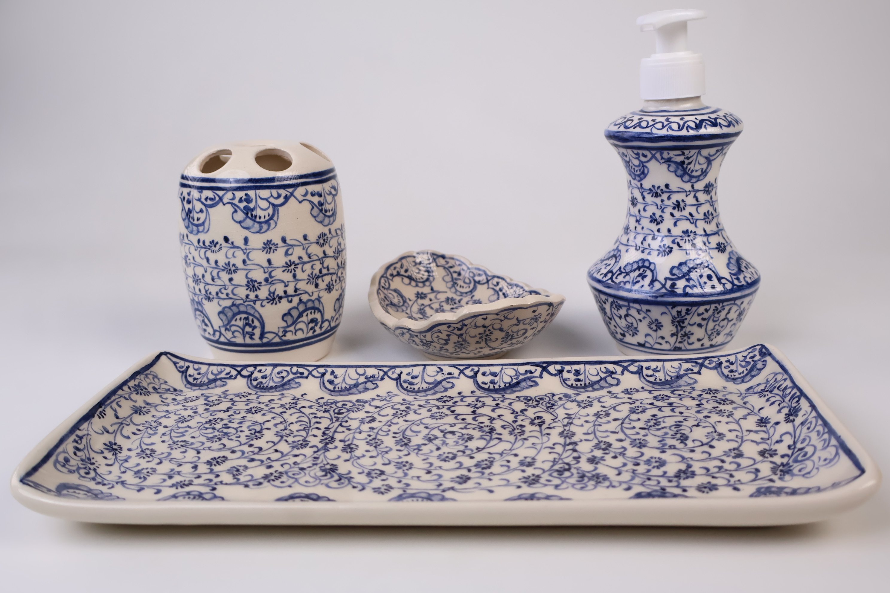 Handmade Ceramic Bathroom Accessory Set & Blue Golden Horn - Zeem Ceramic Craftsmanship