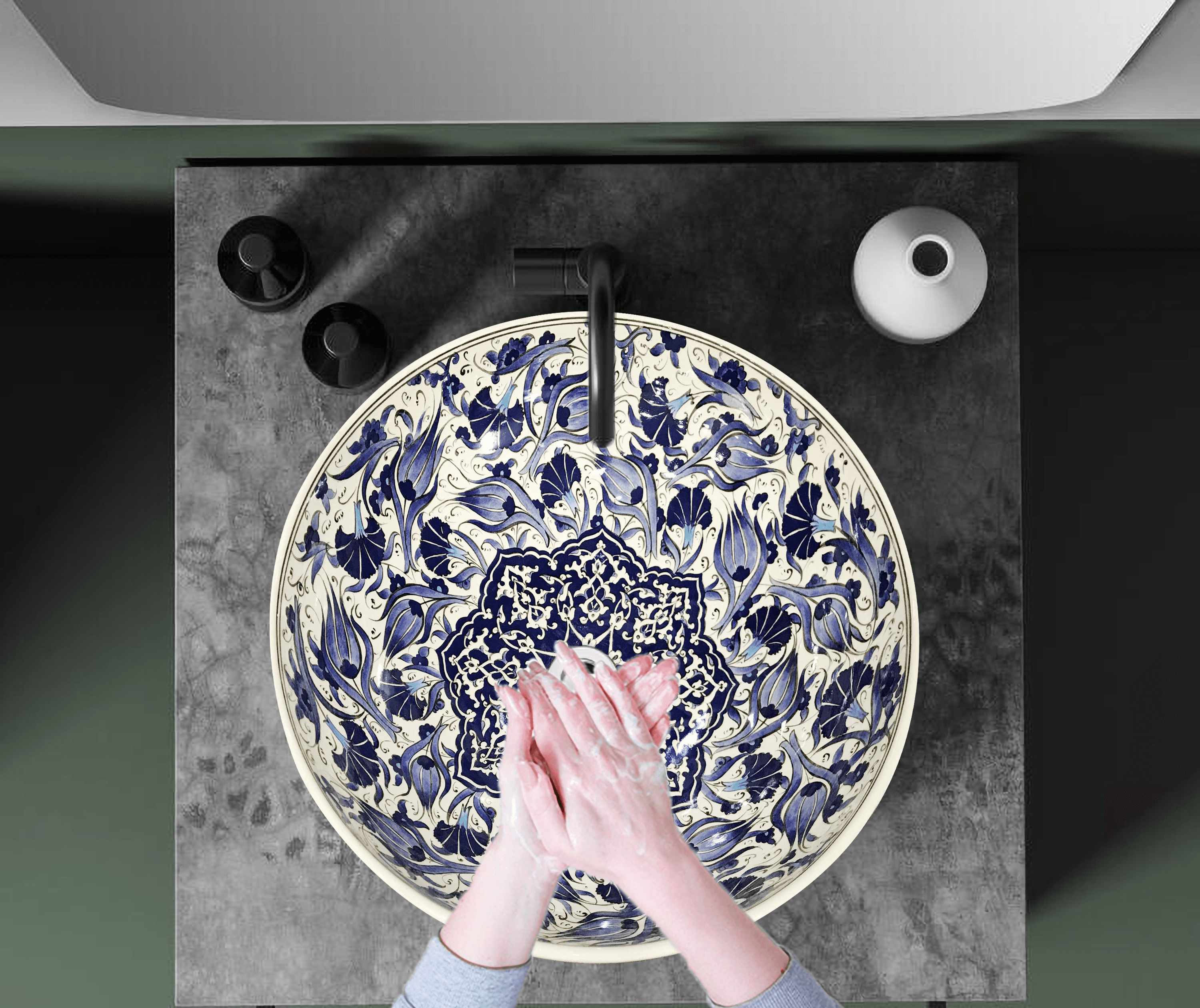 Hand Painted Bathroom Vanity Top Ceramic Vessel Sink - Flowers and Rumi