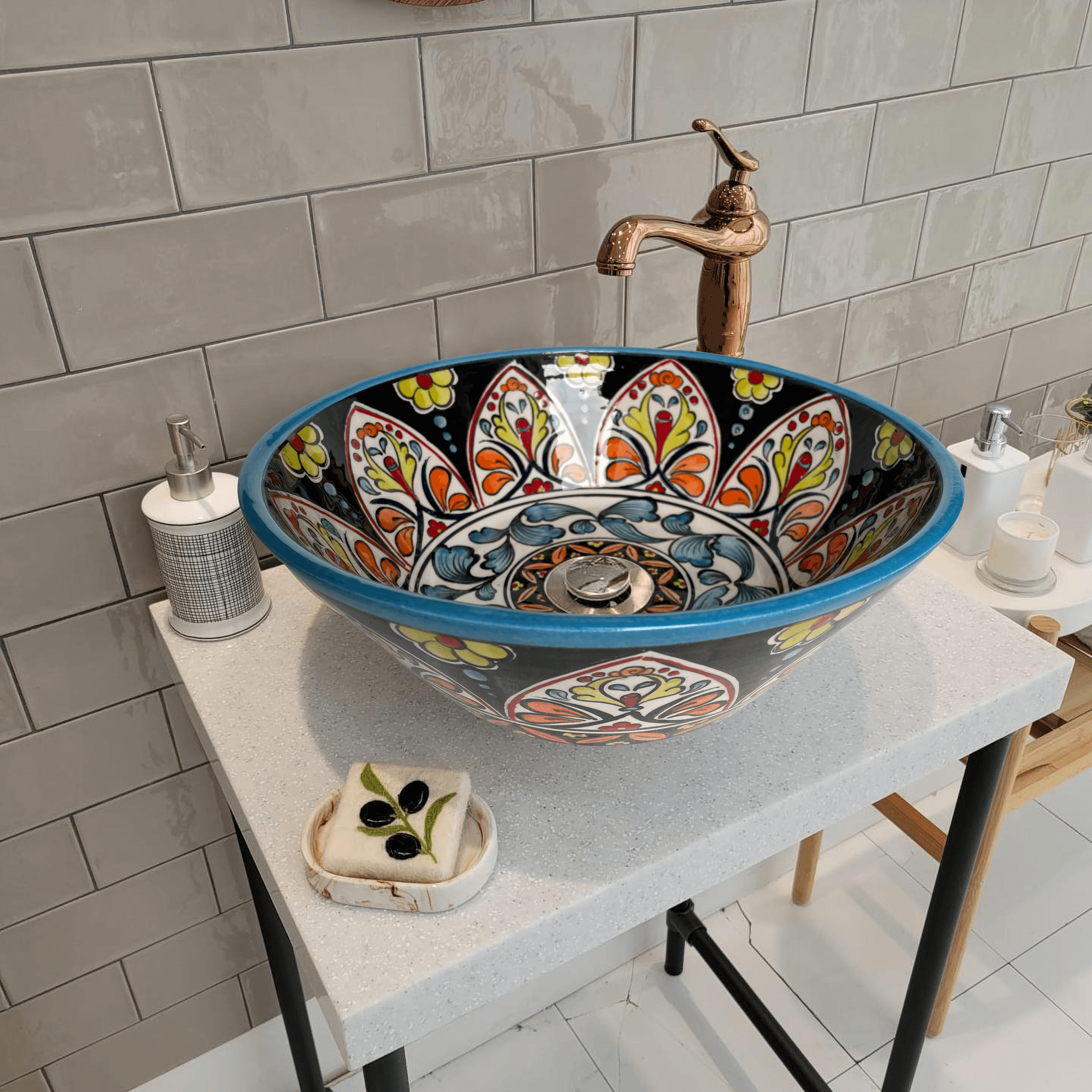 Hand Painted Bathroom Countertop Basin - Traditional Mexican Ceramic Sink