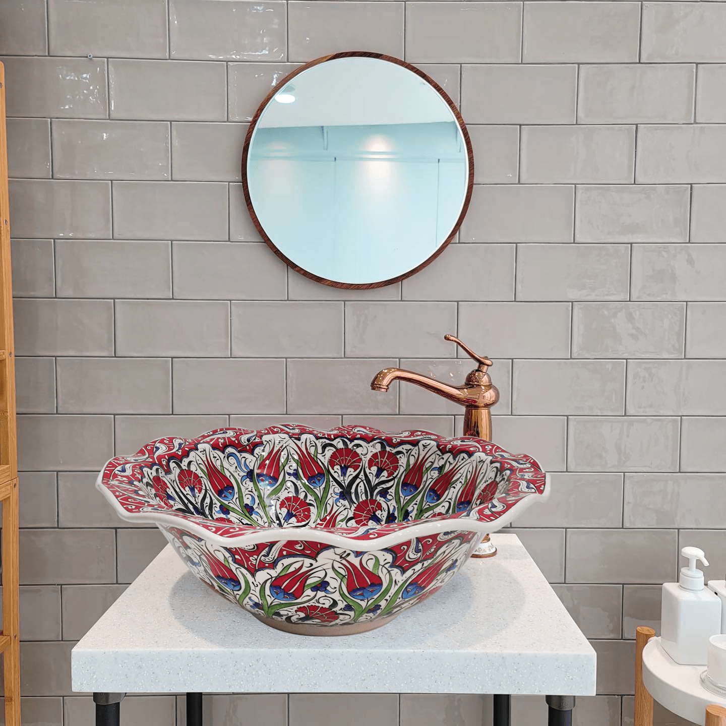 Hand Painted Bathroom Ceramic Vessel Sink Countertop - Red Tulips and Carnations