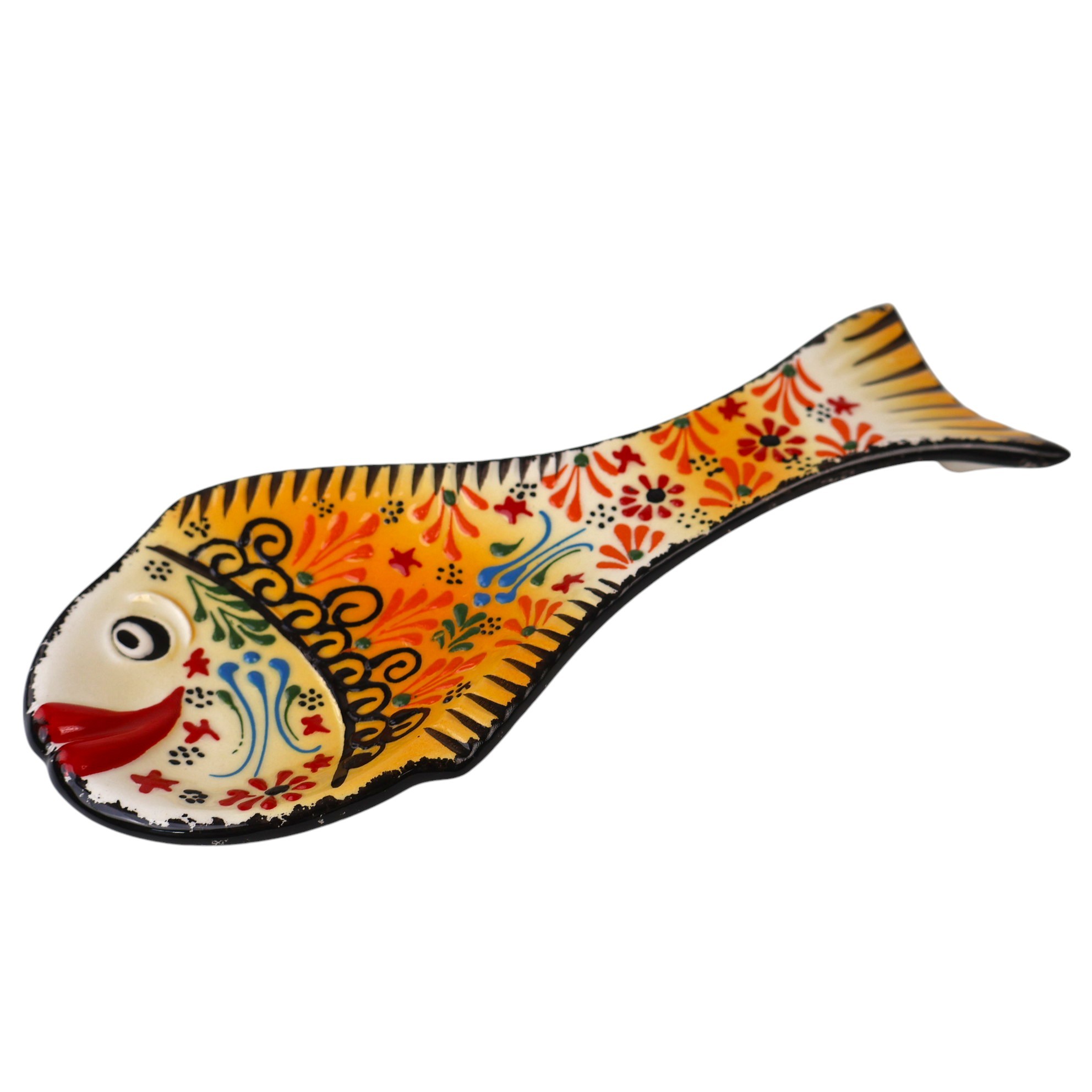 Handcrafted Fish Shaped Ceramic Spoon Rest - Raised Relief Floral Patterns (Variety of Colors) - Orange