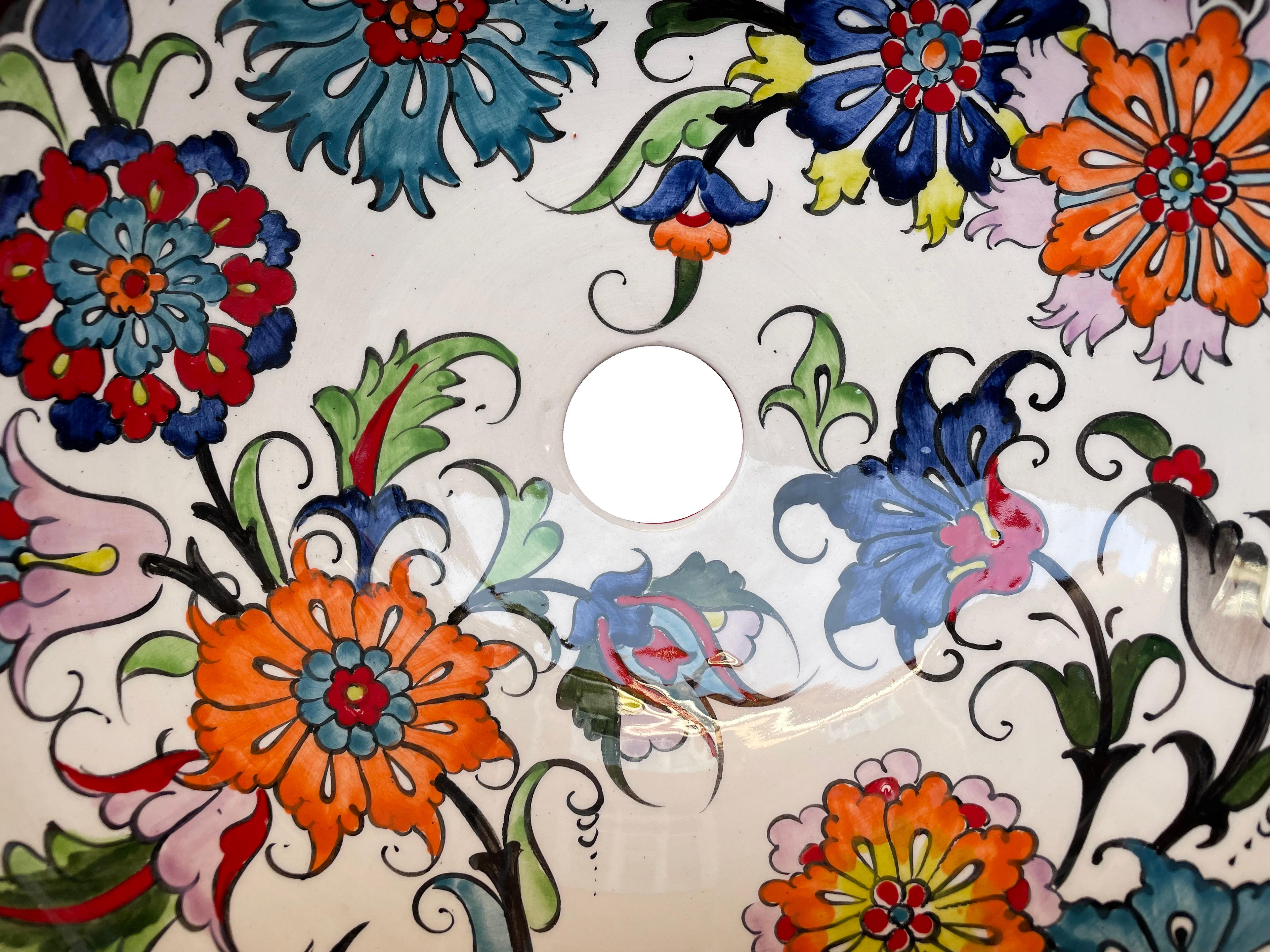 Hand Painted Bathroom Ceramic Vessel Sink Countertop - Multicolor Flowers with Black Rim