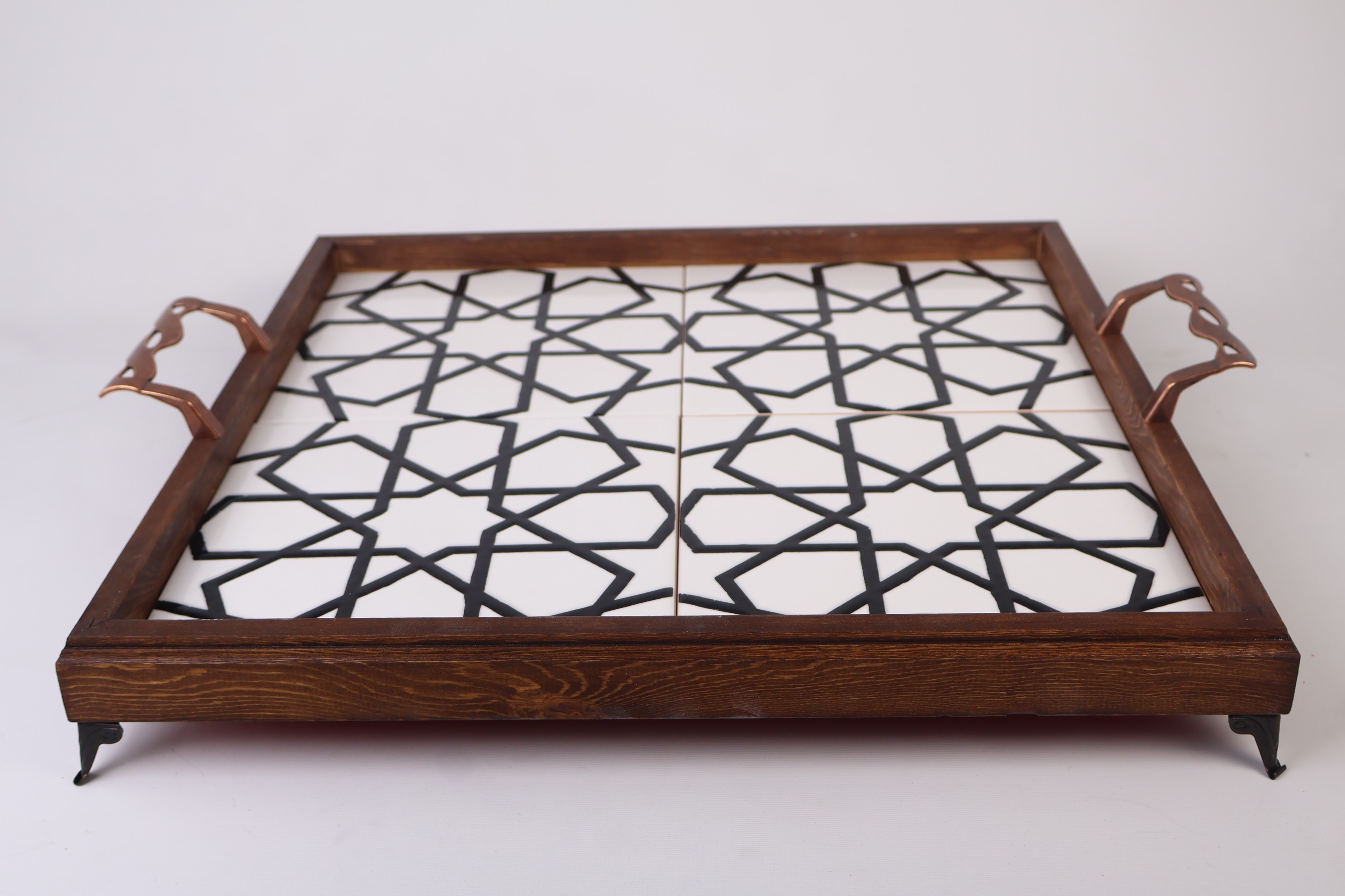 Large Wooden Food Tray with Ornate Tiles | Stylish & Functional Kitchen Decor