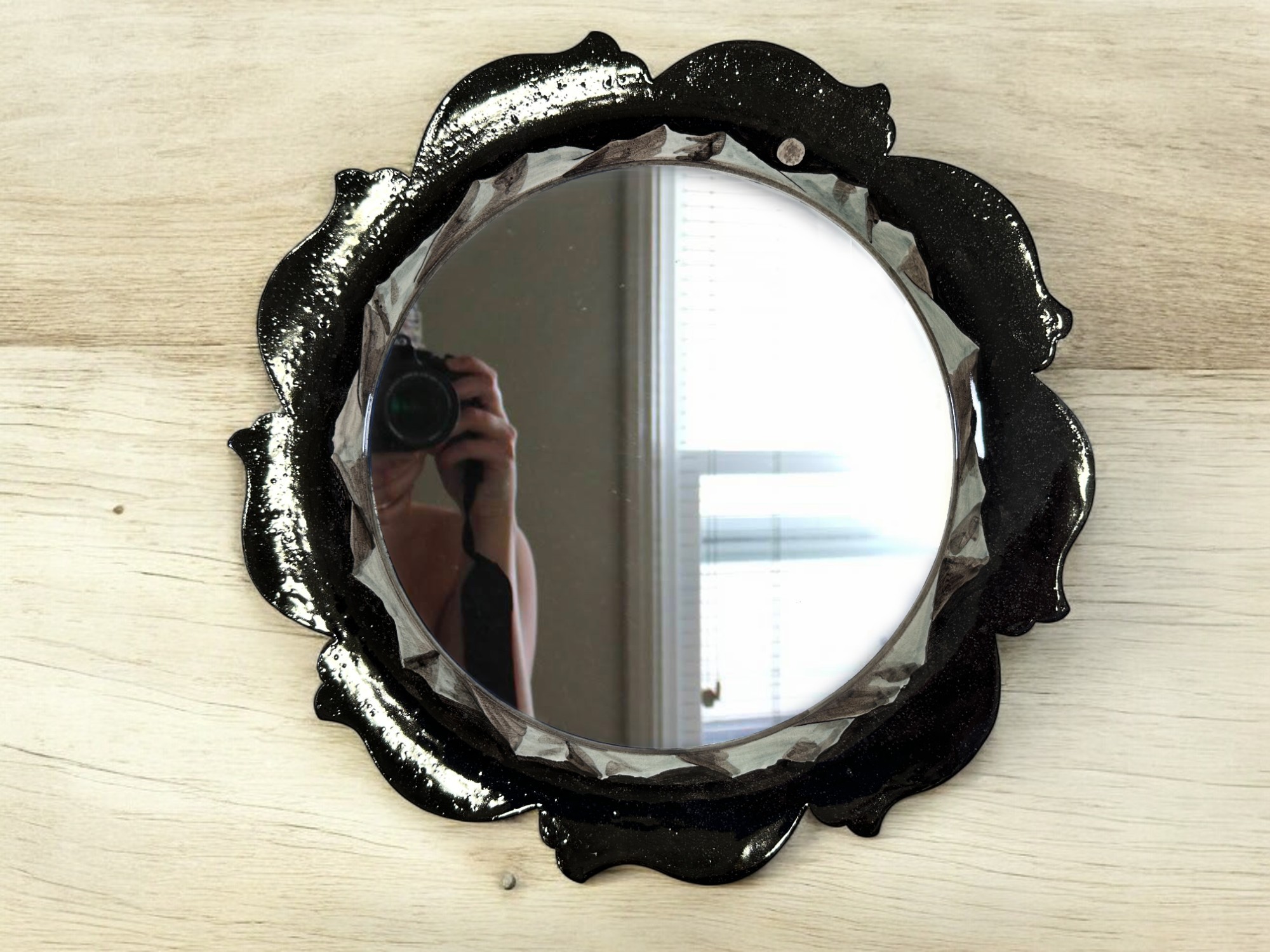 Hand-Painted Bathroom Ceramic Mirror | Night, Moon & Mountain