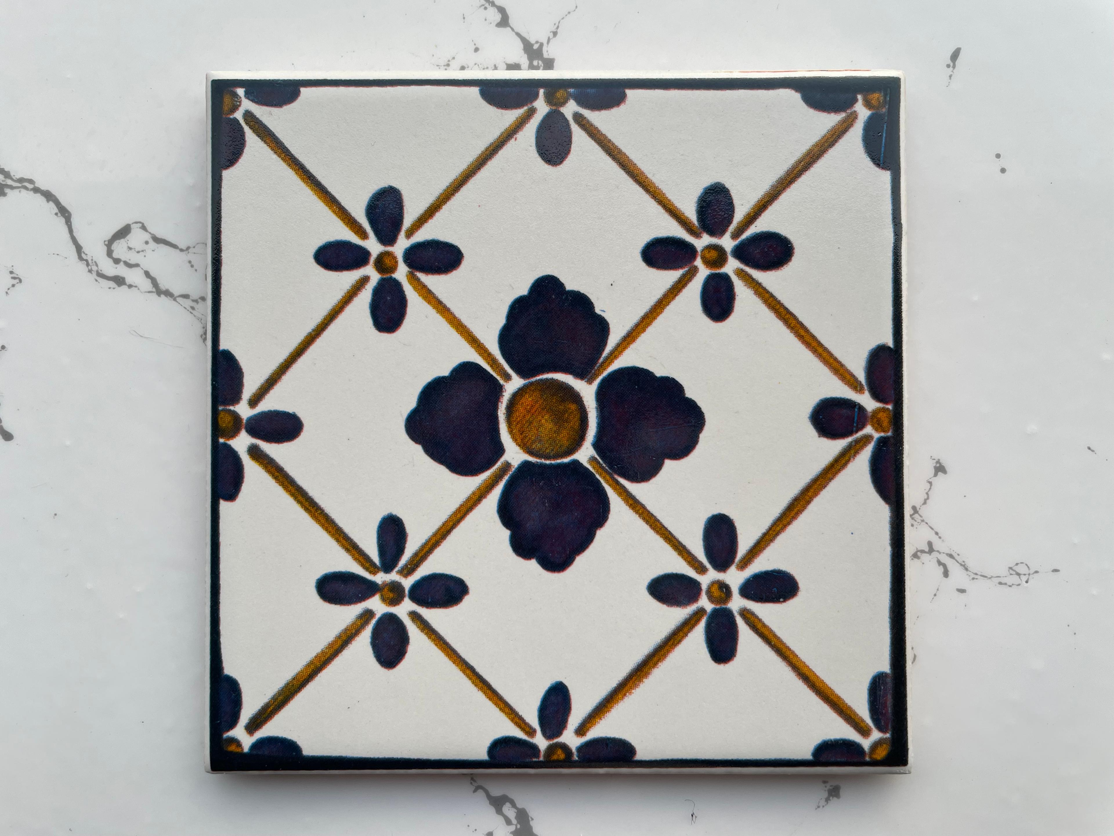 Turkish Backsplash Tile with Iznik Designs - Handcrafted Porcelain Tile for Bathroom Wall - 3.7in [10cm] 