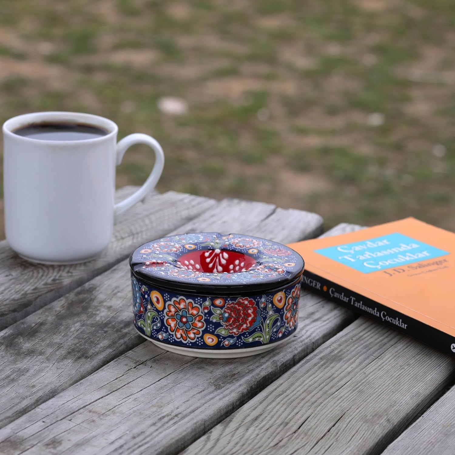 Printed Ceramic Ashtray - Assorted Colors and Floral Patterns - Navy Blue