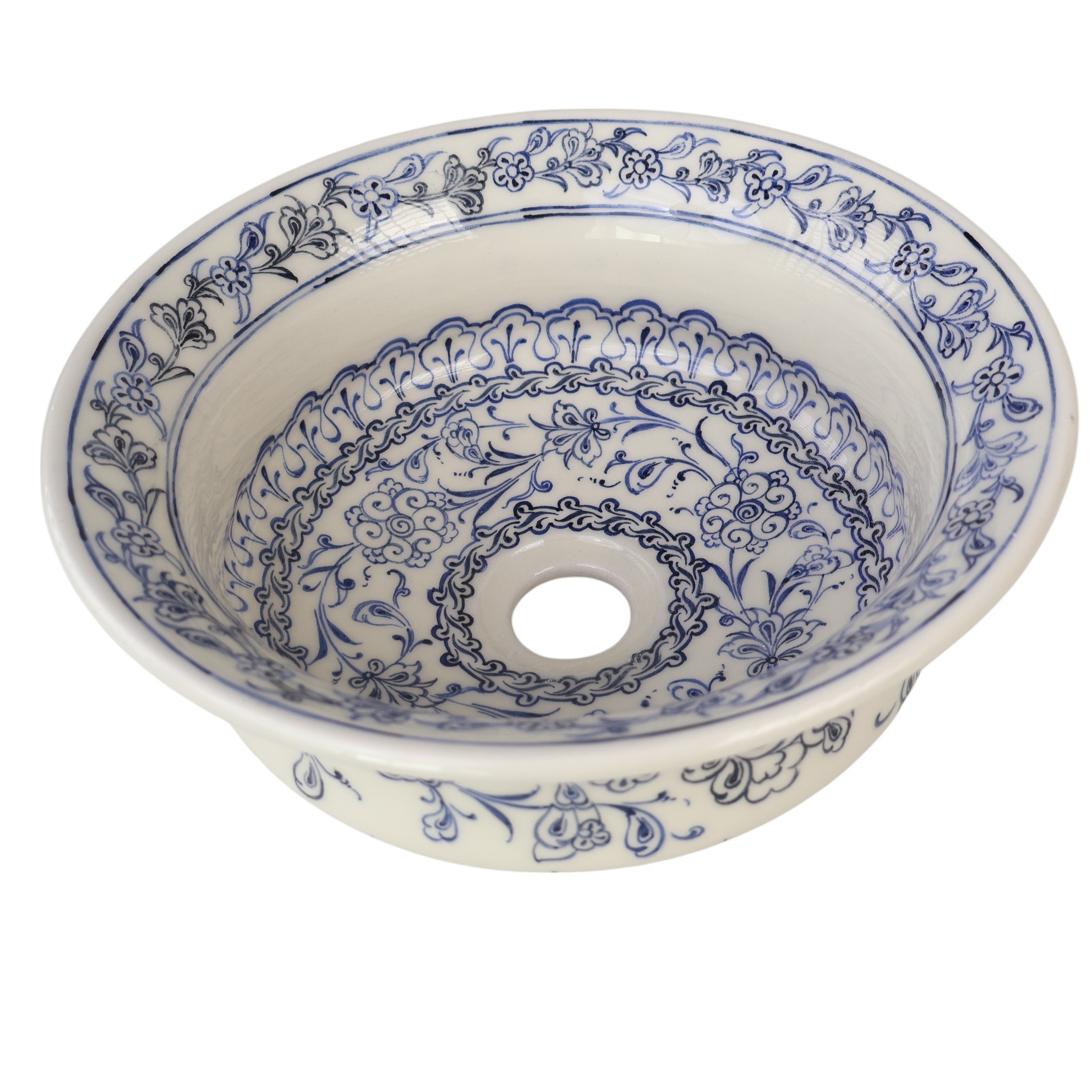 Ottoman-Inspired Floral Ceramic Sink – Handcrafted Blue & Ivory Bathroom Basin – Zeem Ceramic