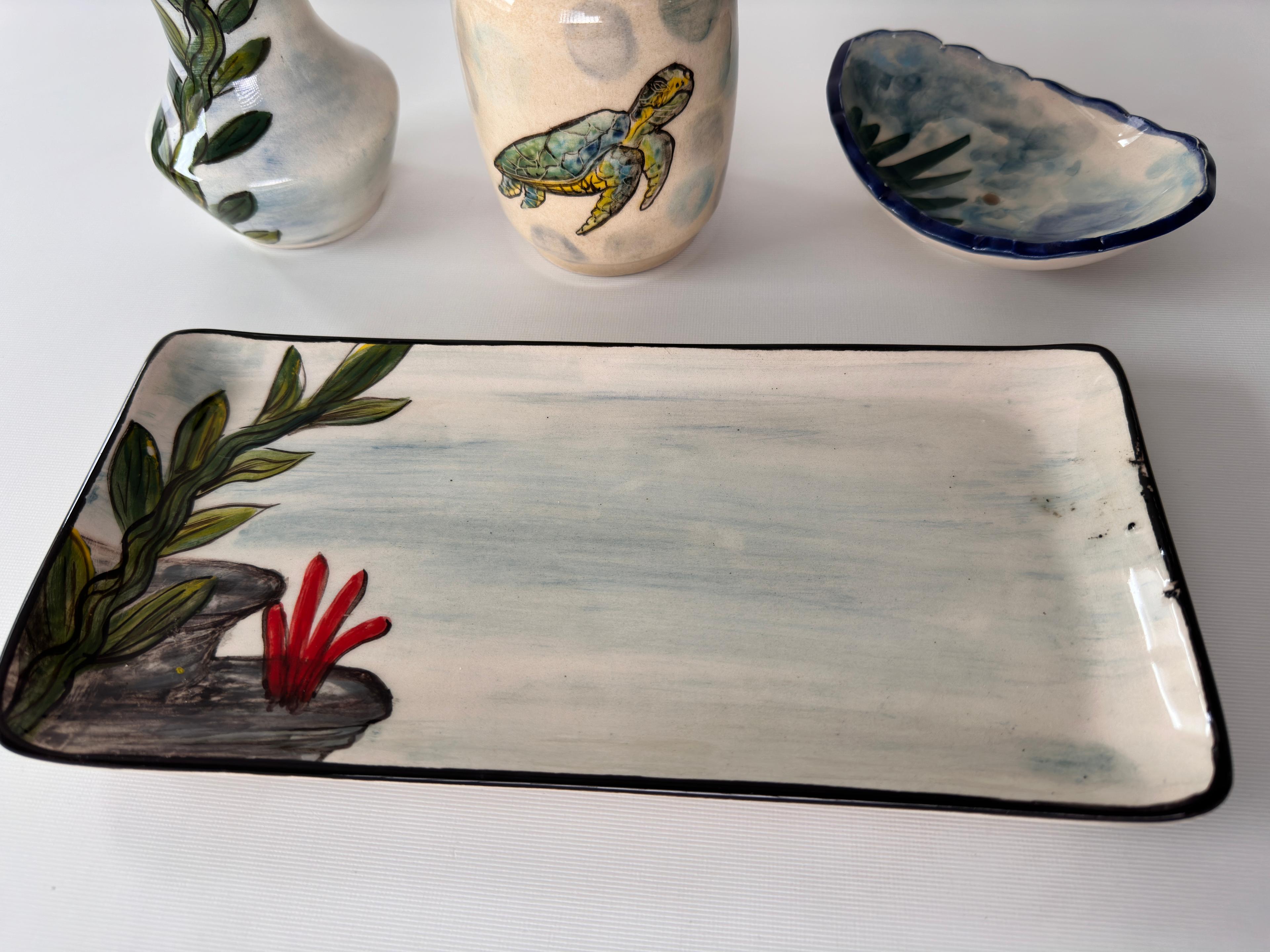 Hand Painted Ceramic Bathroom Accessory Set - Sea Turtle