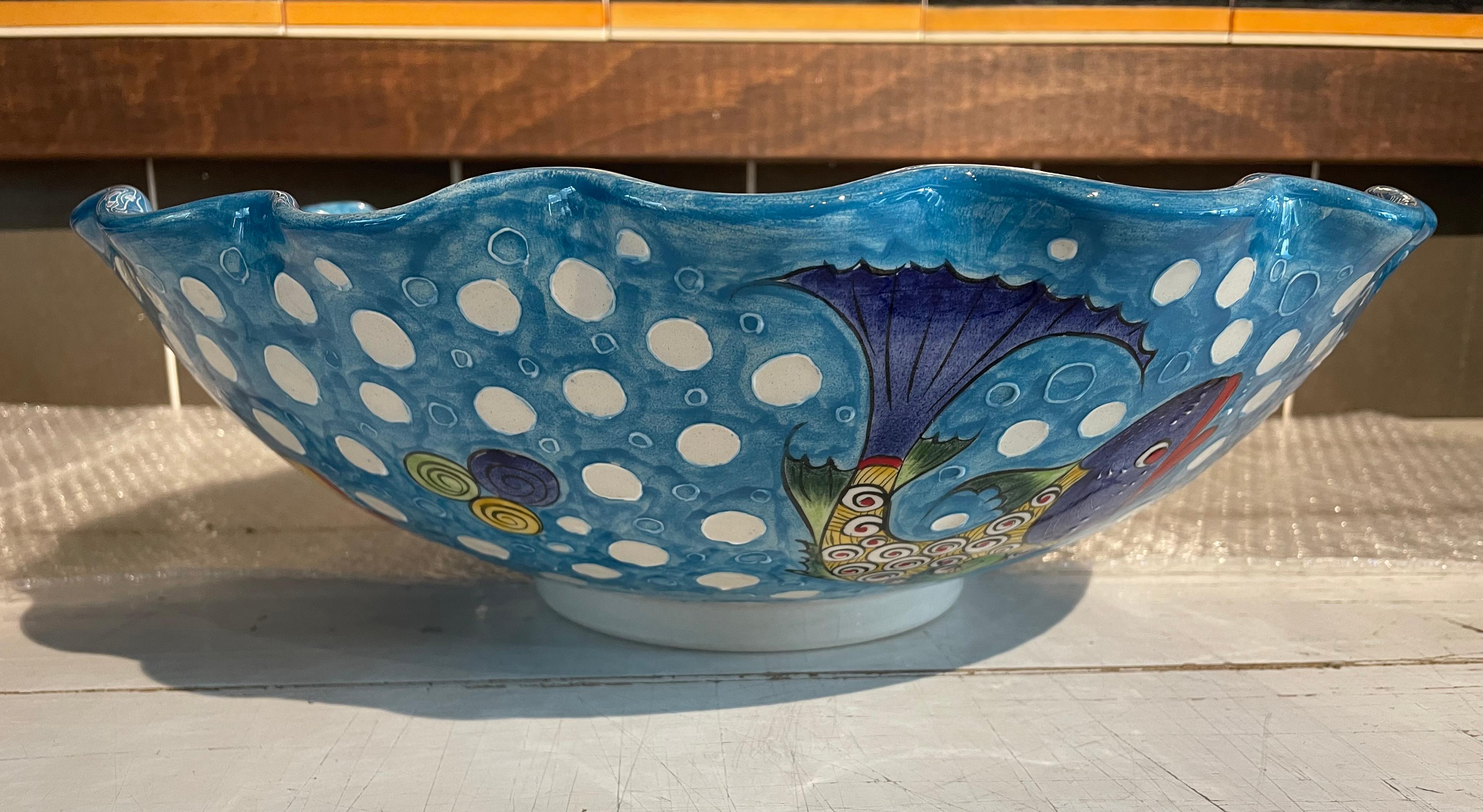 Hand Painted Bathroom Vanity Top Ceramic Vessel Sink - Fishes and White Dots