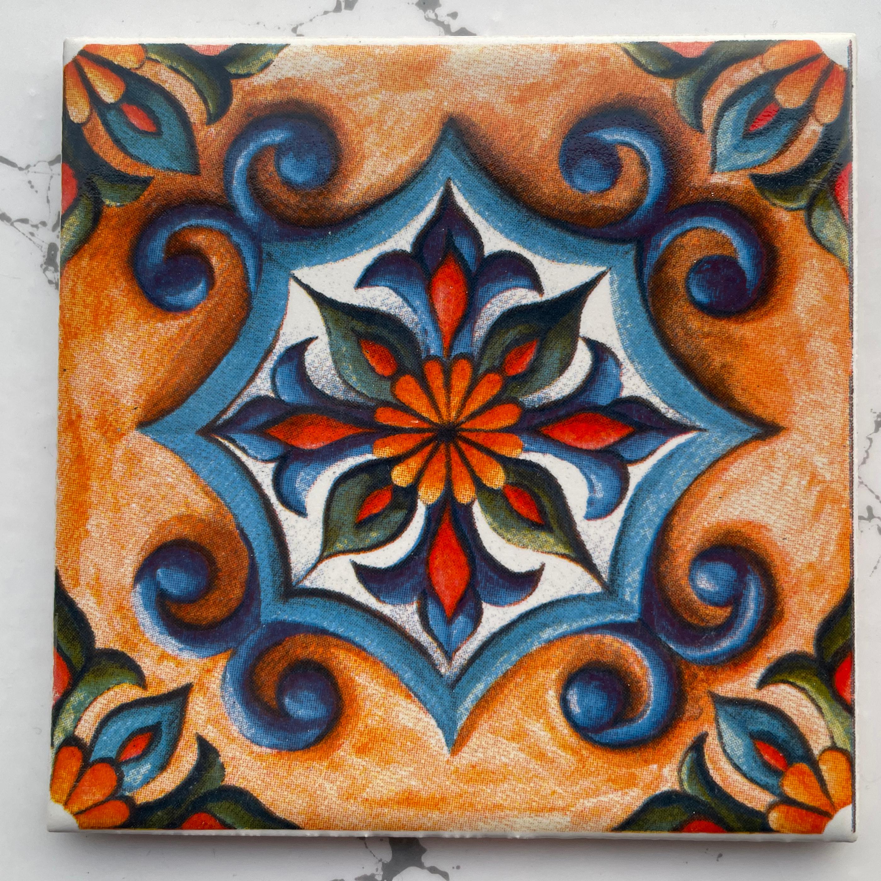 Hand-Printed Mexican Tile Designs - Handcrafted Backsplash Tile with Geometric and Floral Pattern -  3.7in[10cm]