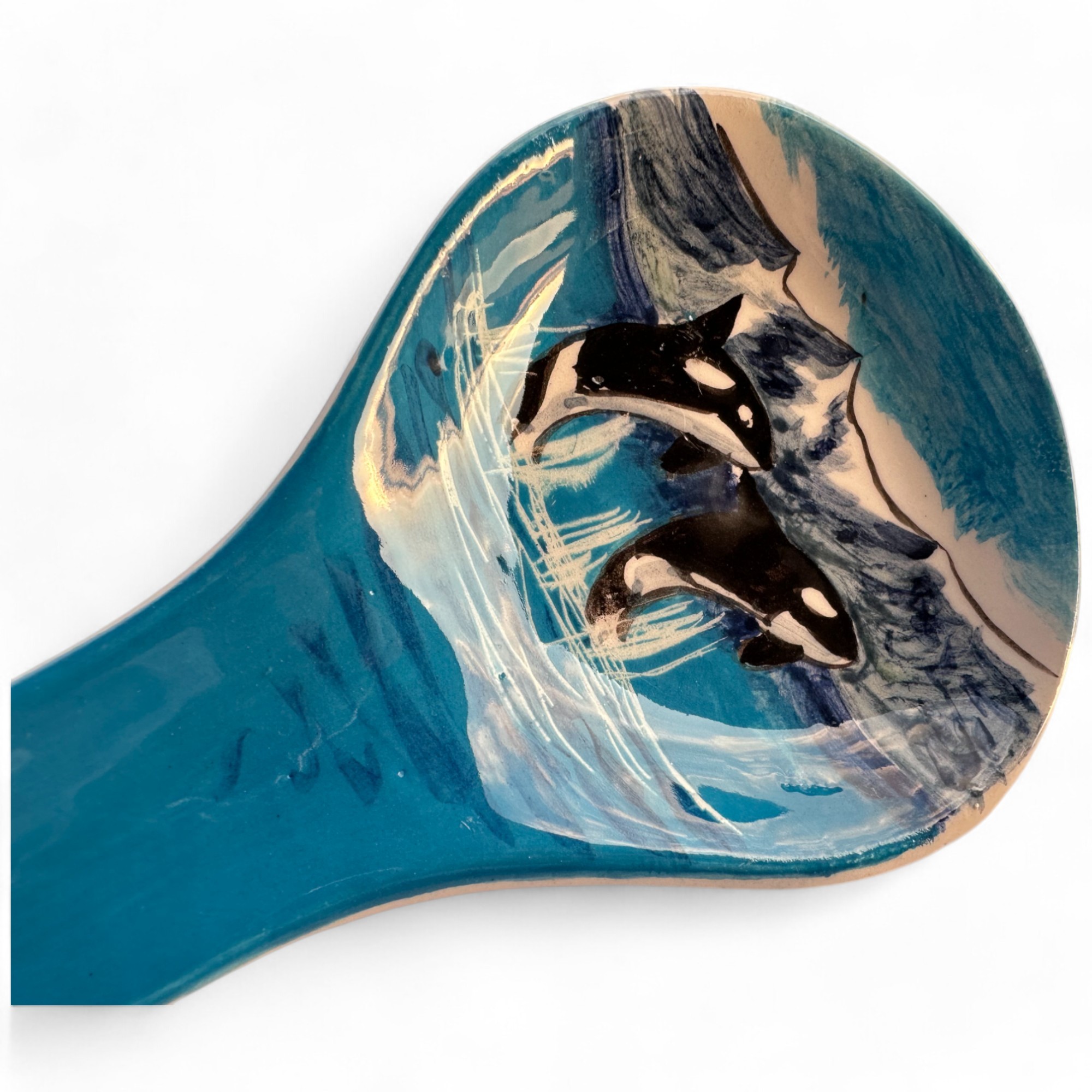 Handcrafted Animal Patterned Ceramic Spoon Rest - Hand Painted Sea Design Spoon Holder - Twin Orcas