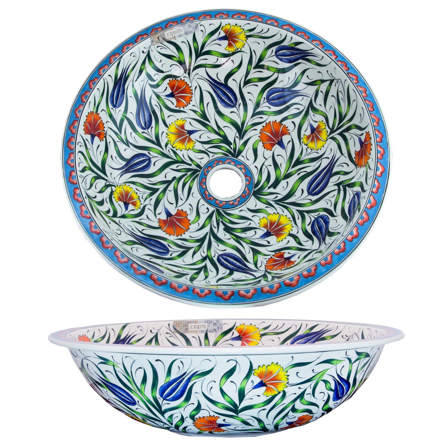 Hand Painted Bathroom Vanity Top Ceramic Vessel Sink - Multicolor Flowers