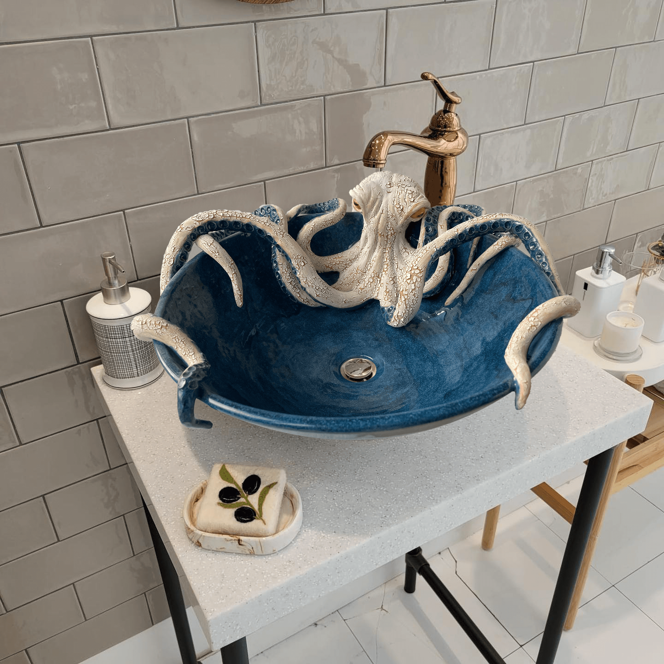 Bathroom Countertop Ceramic Vessel Sink - Octopus Sculpture