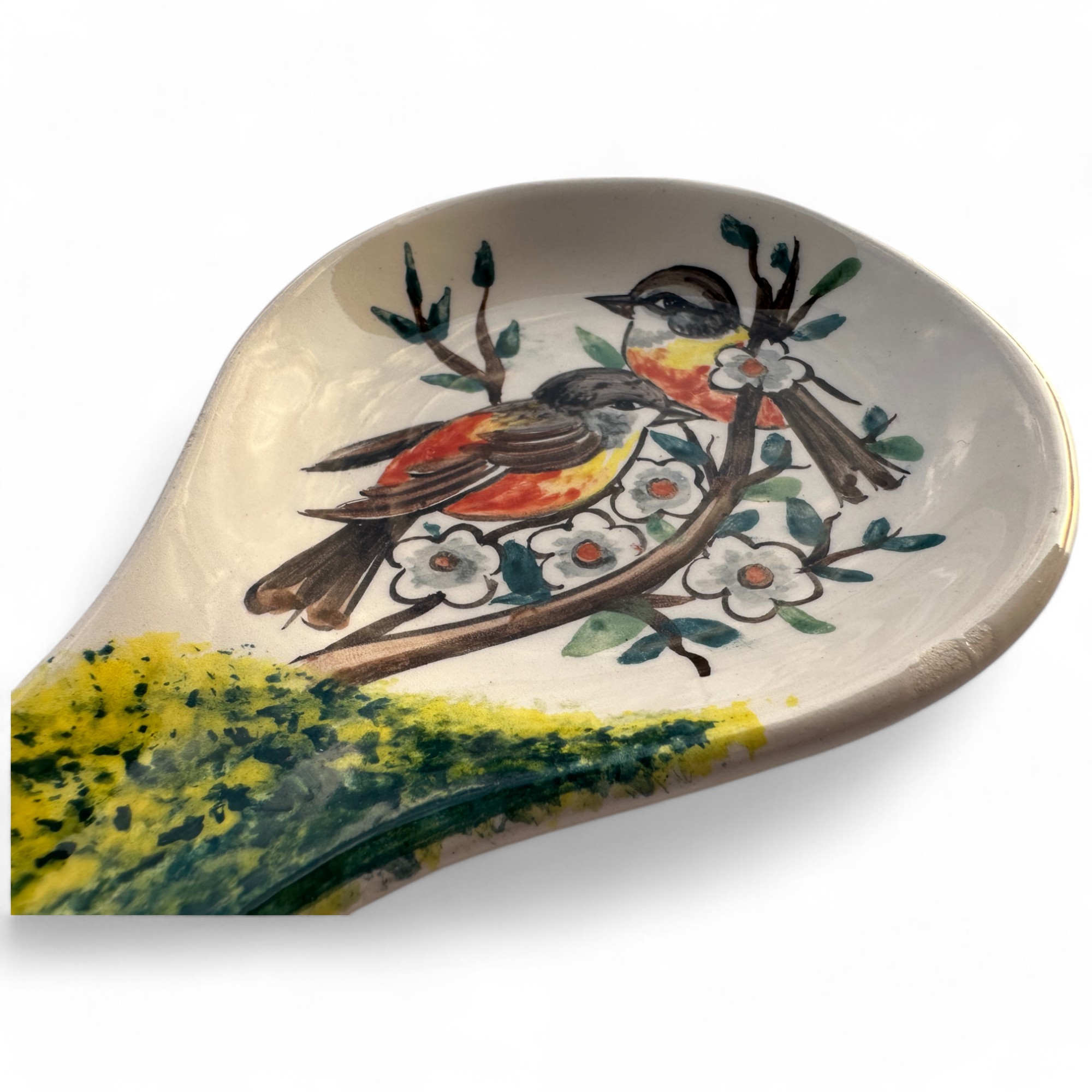 Handcrafted Animal Patterned Ceramic Spoon Rest - Hand Painted Sea Design Spoon Holder - Twin Birds