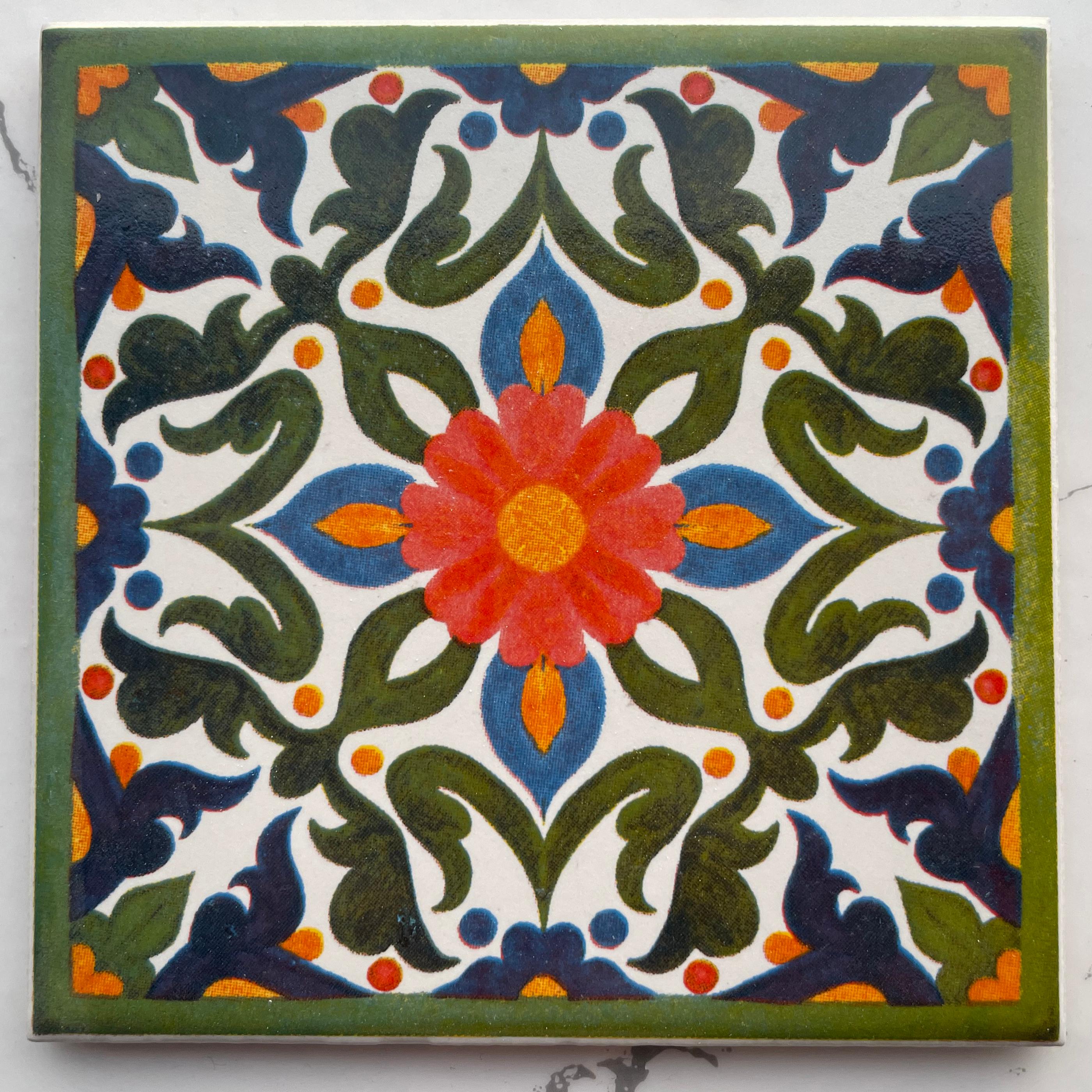 Hand-Printed Mexican Tile Designs - Handcrafted Backsplash Tile with Geometric and Floral Pattern -  3.7in[10cm]