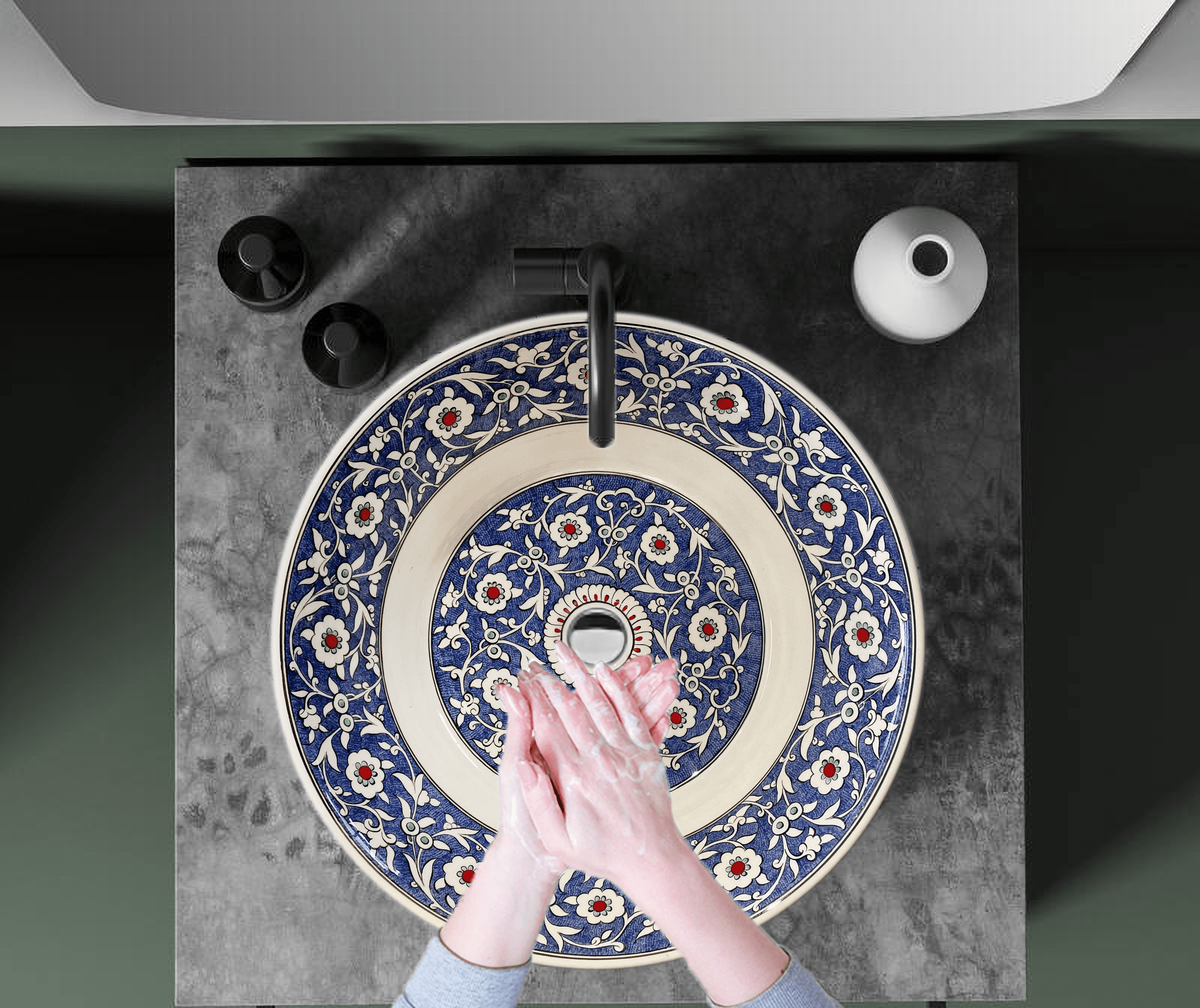 Hand Painted Bathroom Vanity Top Ceramic Vessel Sink - Blue Floral Motifs