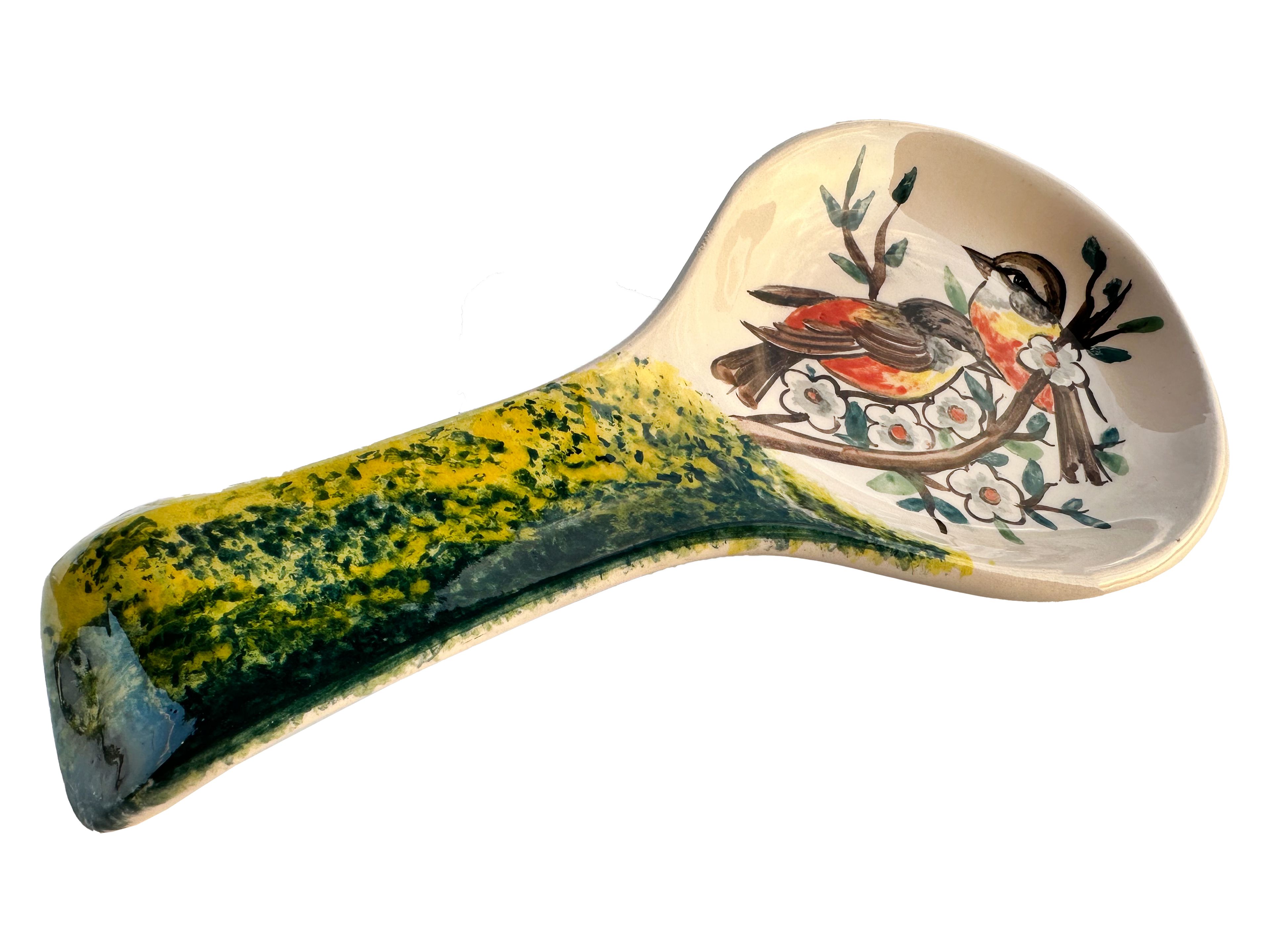 Handcrafted Animal Patterned Ceramic Spoon Rest - Hand Painted Sea Design Spoon Holder - Twin Birds