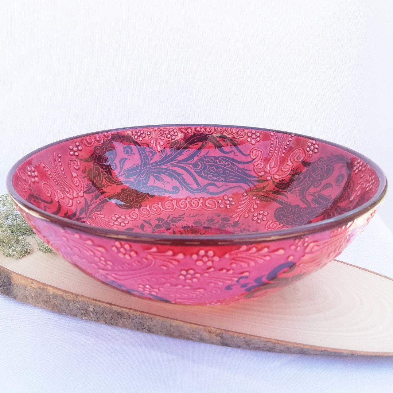 Artisan Hand Painted Ceramic Salad & Fruit Multicolor Bowls - Red