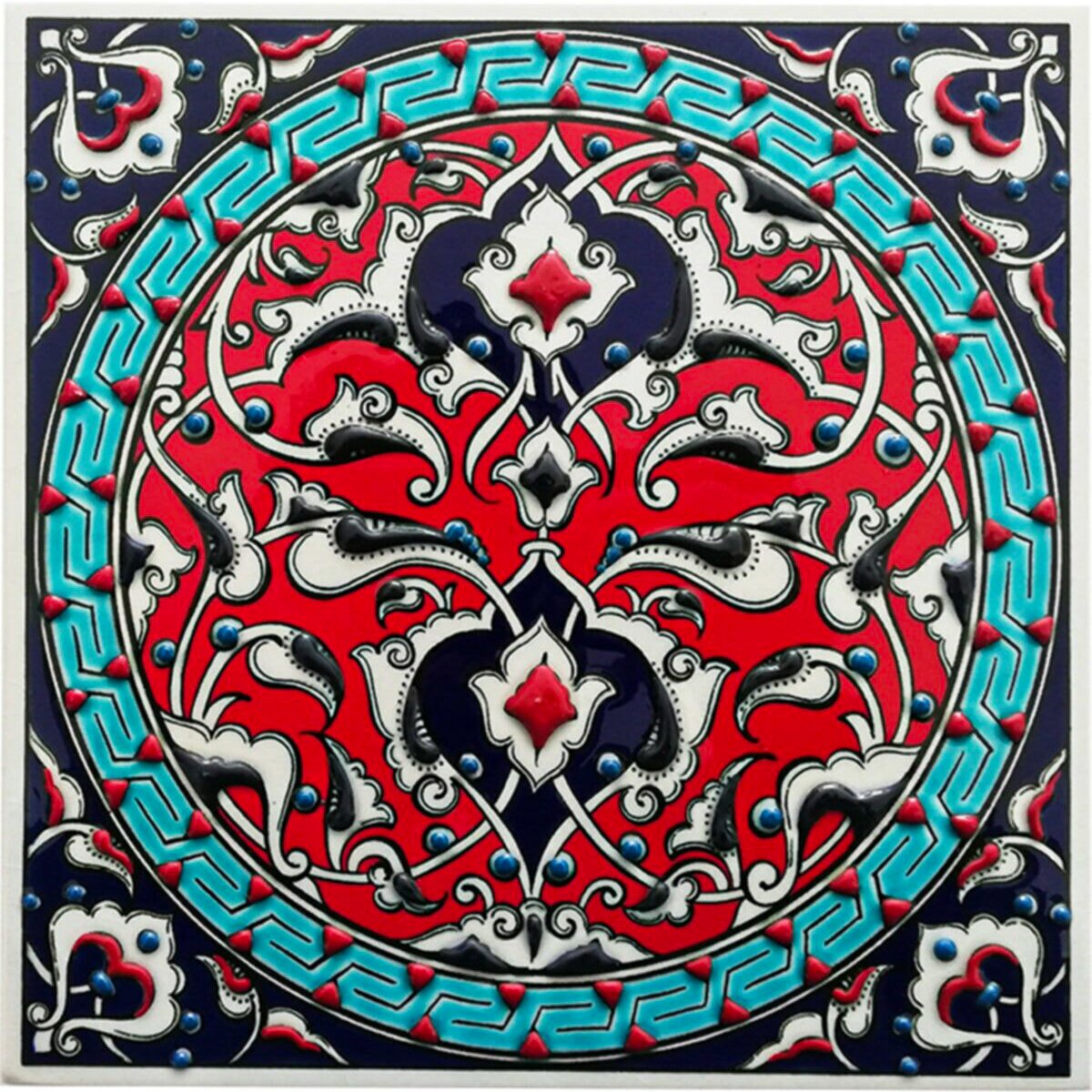 Hand Painted Turkish Ceramic Tile -  Handmade Decorative Geometrical Patterned Tile - 8 in [20Cm] - Zeem Ceramic