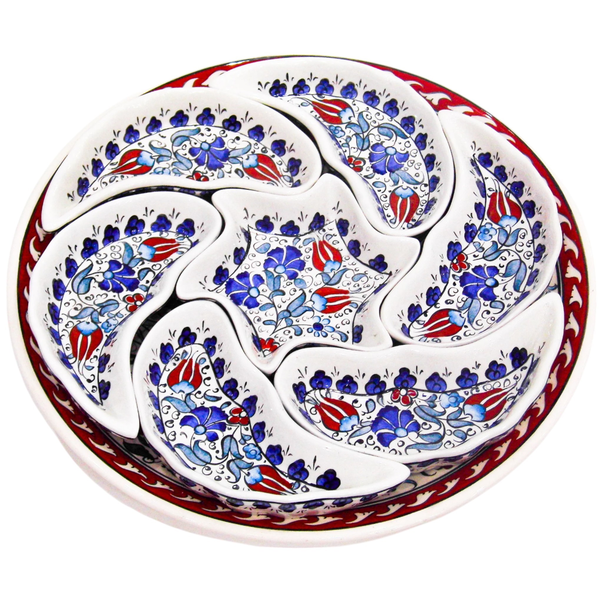 Handmade Multipurpose Ceramic Serving Platter and Dish Set - Chips, Snacks, Dips, Mezes, Breakfast & More | Zeem Ceramic - Blue Carnation and Red Tulip