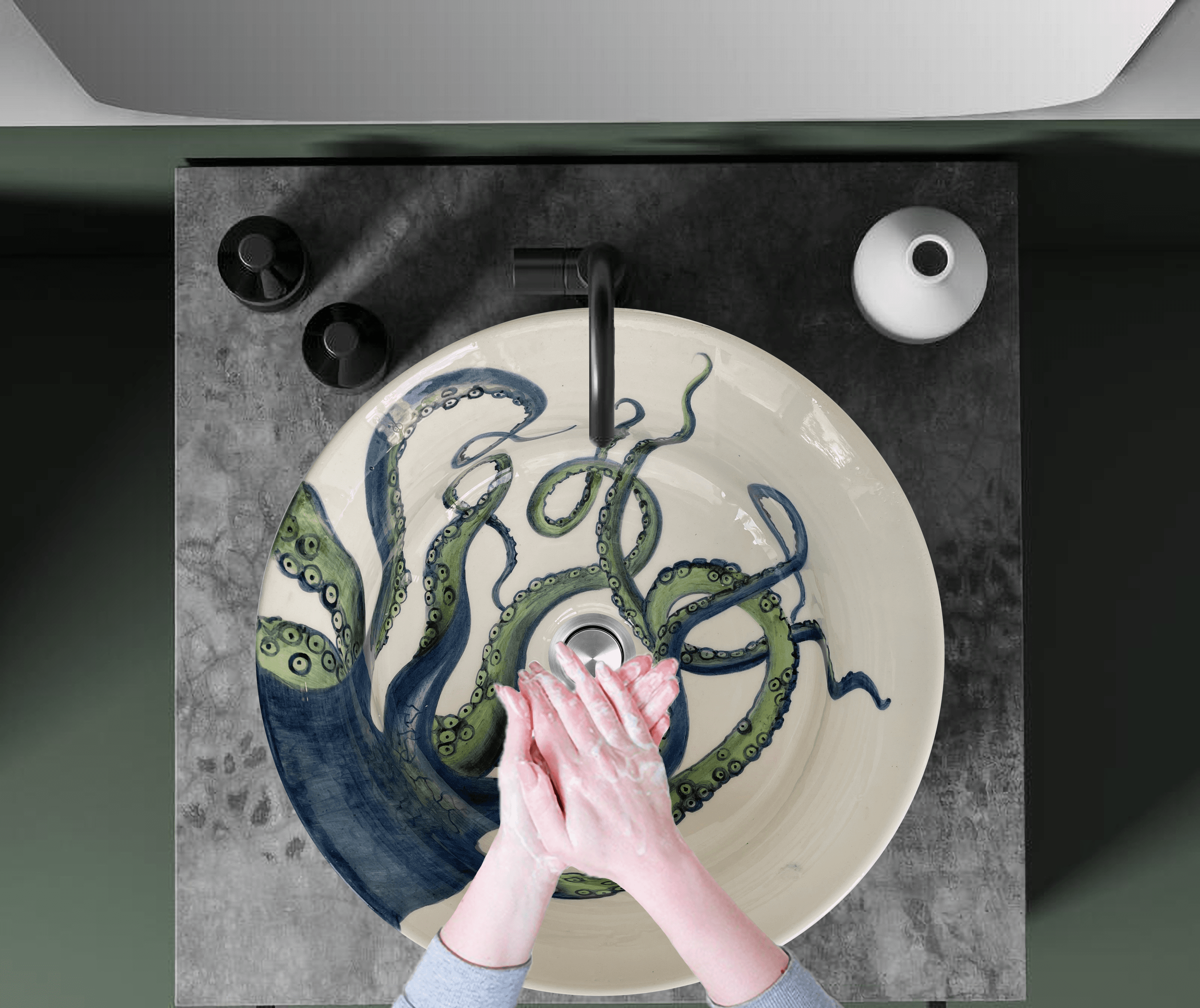 Hand Painted Bathroom Ceramic Vessel Sink Countertop - Octopus