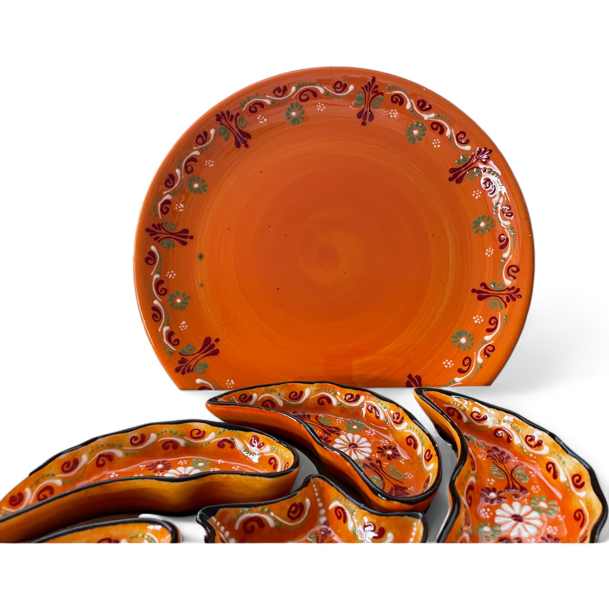 Handcrafted Snack, Nuts Serving Platter and Crudite Dish Set - Raised Relief Pattern - Orange