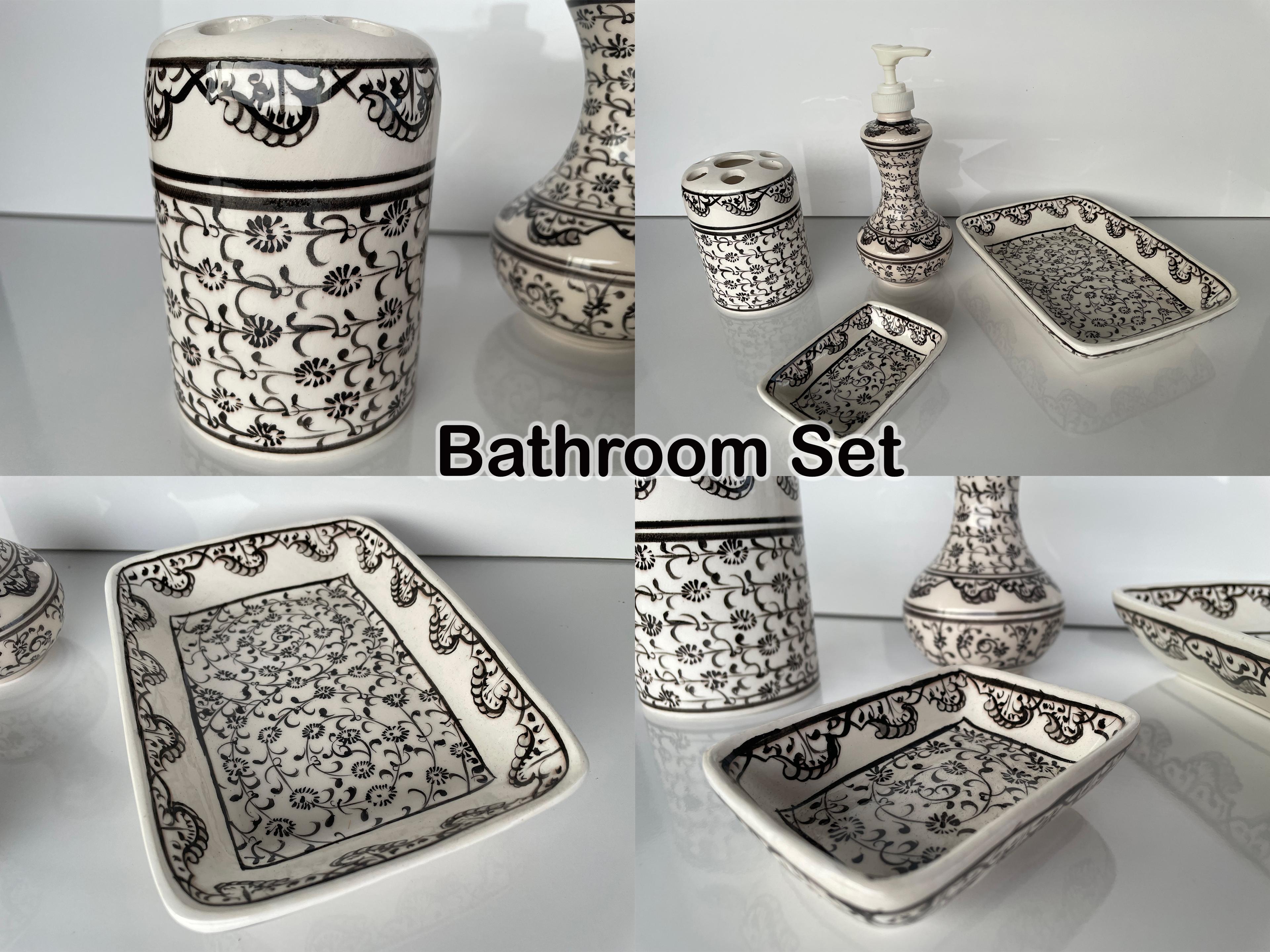 Hand Painted Ceramic Bathroom Accessory Set - Spiral Geometric Design