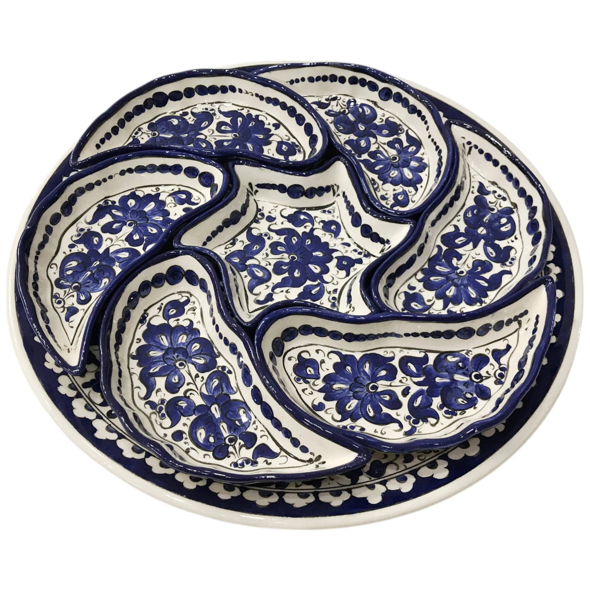 Handmade Multipurpose Ceramic Serving Platter and Dish Set - Chips, Snacks, Dips, Mezes, Breakfast & More | Zeem Ceramic - Navy Blue Lotus