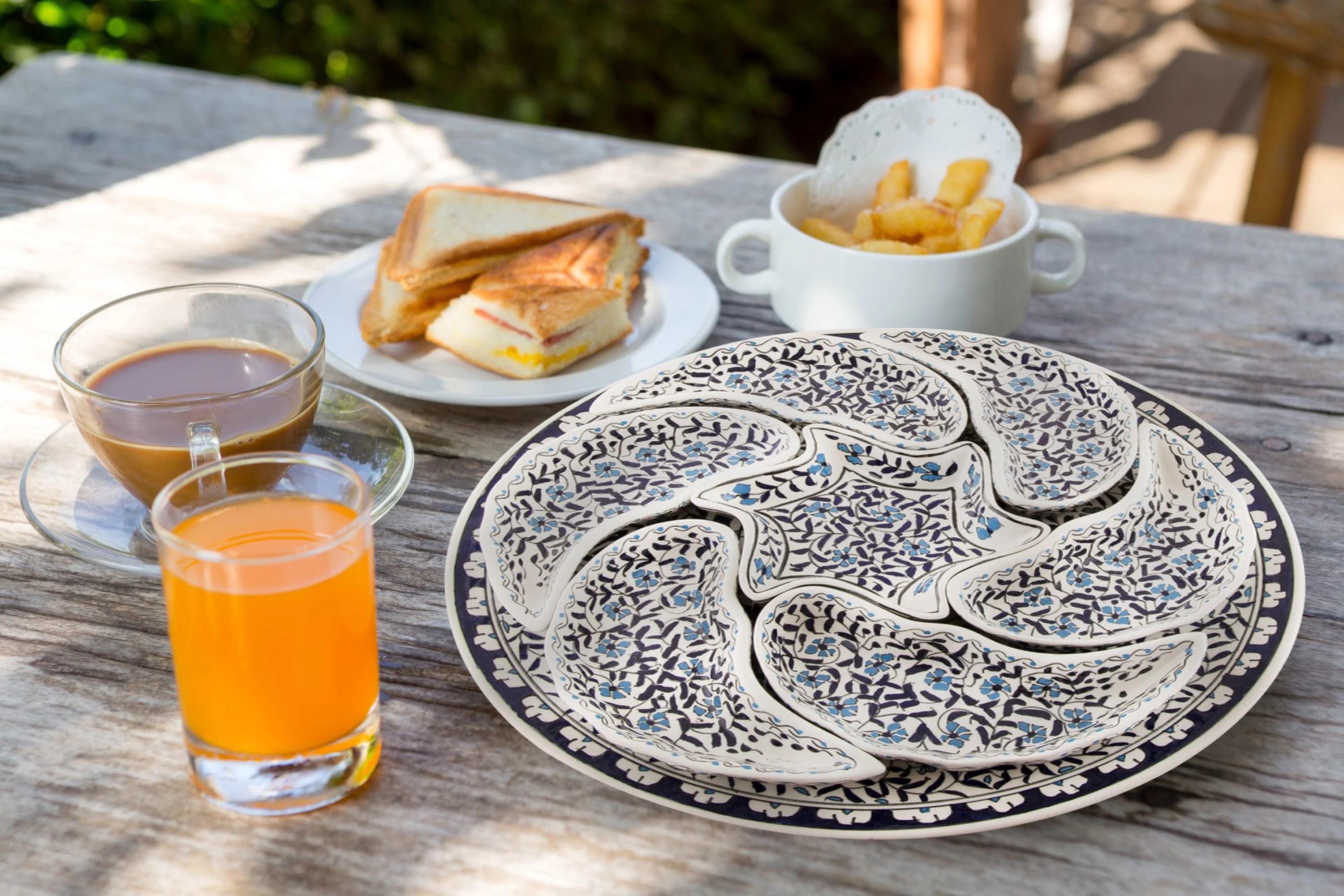 Handmade Multipurpose Ceramic Serving Platter and Dish Set - Chips, Snacks, Dips, Mezes, Breakfast & More | Zeem Ceramic - Blue Flower Bouquet