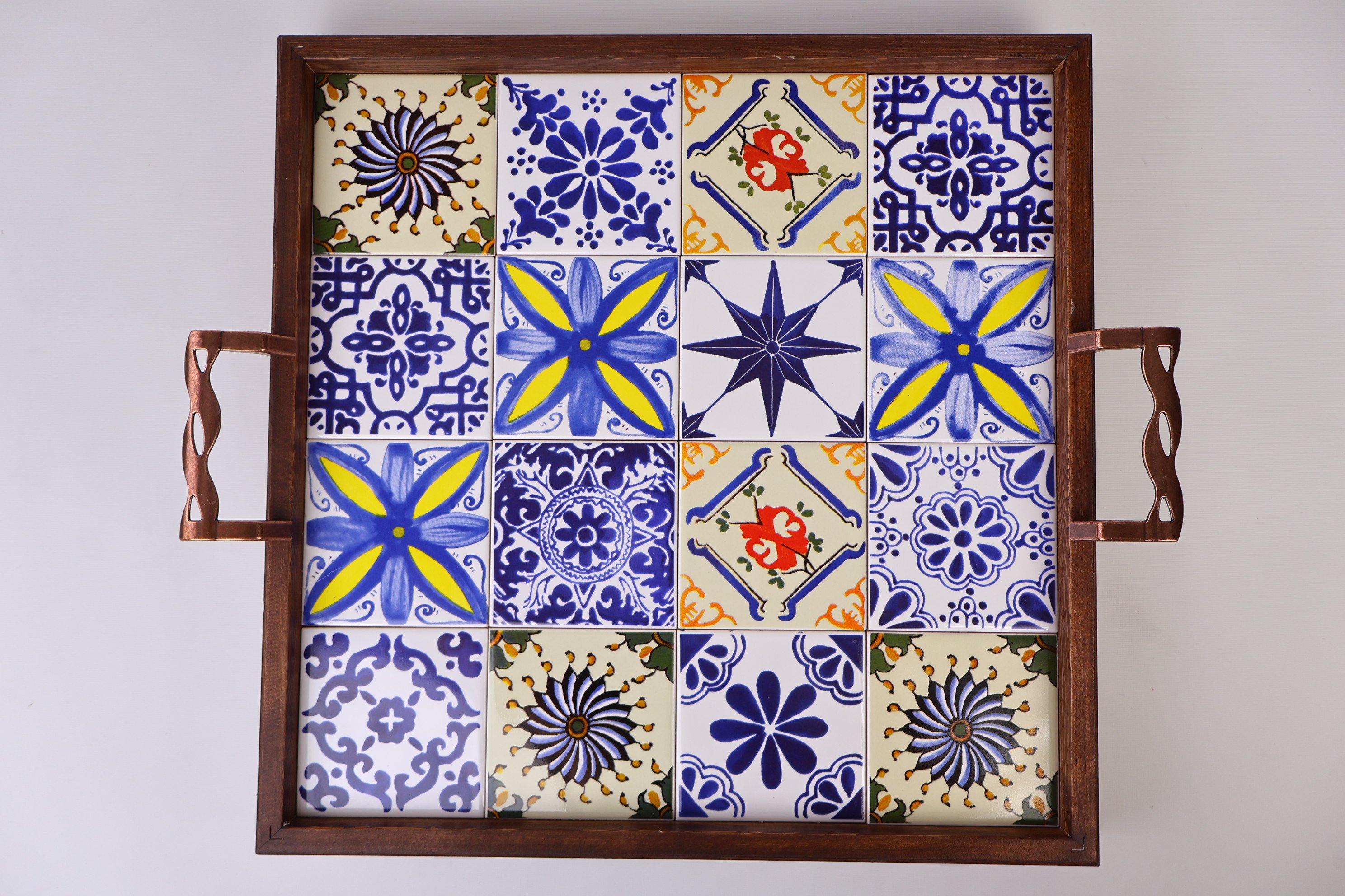 Rustic Wooden Serving Tray with Handles | Handcrafted Mexican & Turkish Tile Design