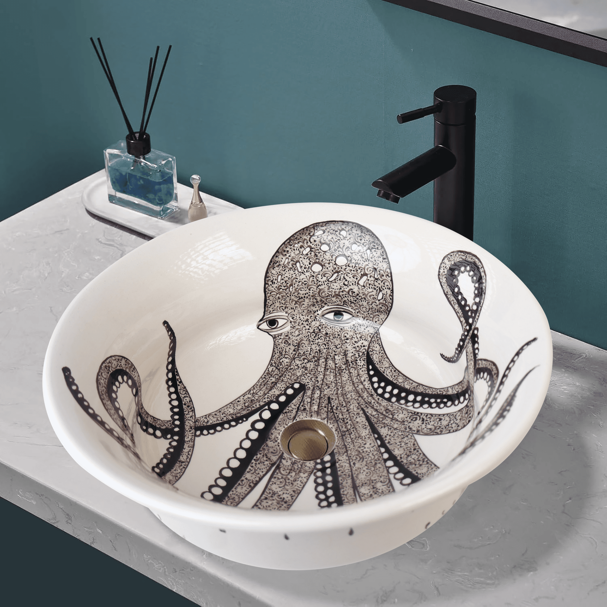 Mediterranean Black Octopus Ceramic Sink - Handmade and Unique