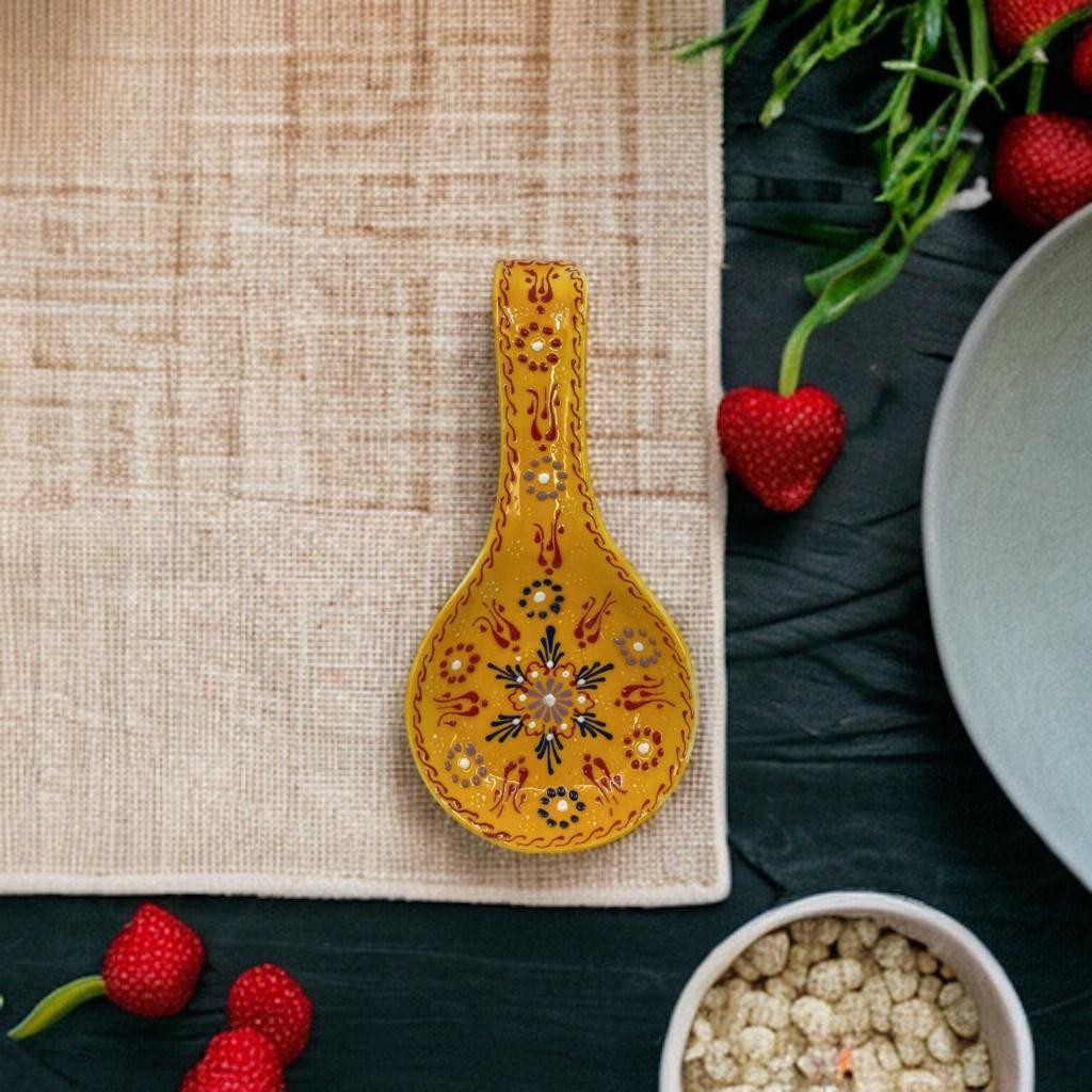 Hand Painted Ceramic Spoon Rest - Embossed Floral Patterns (Variety of Colors) - Yellow Relief