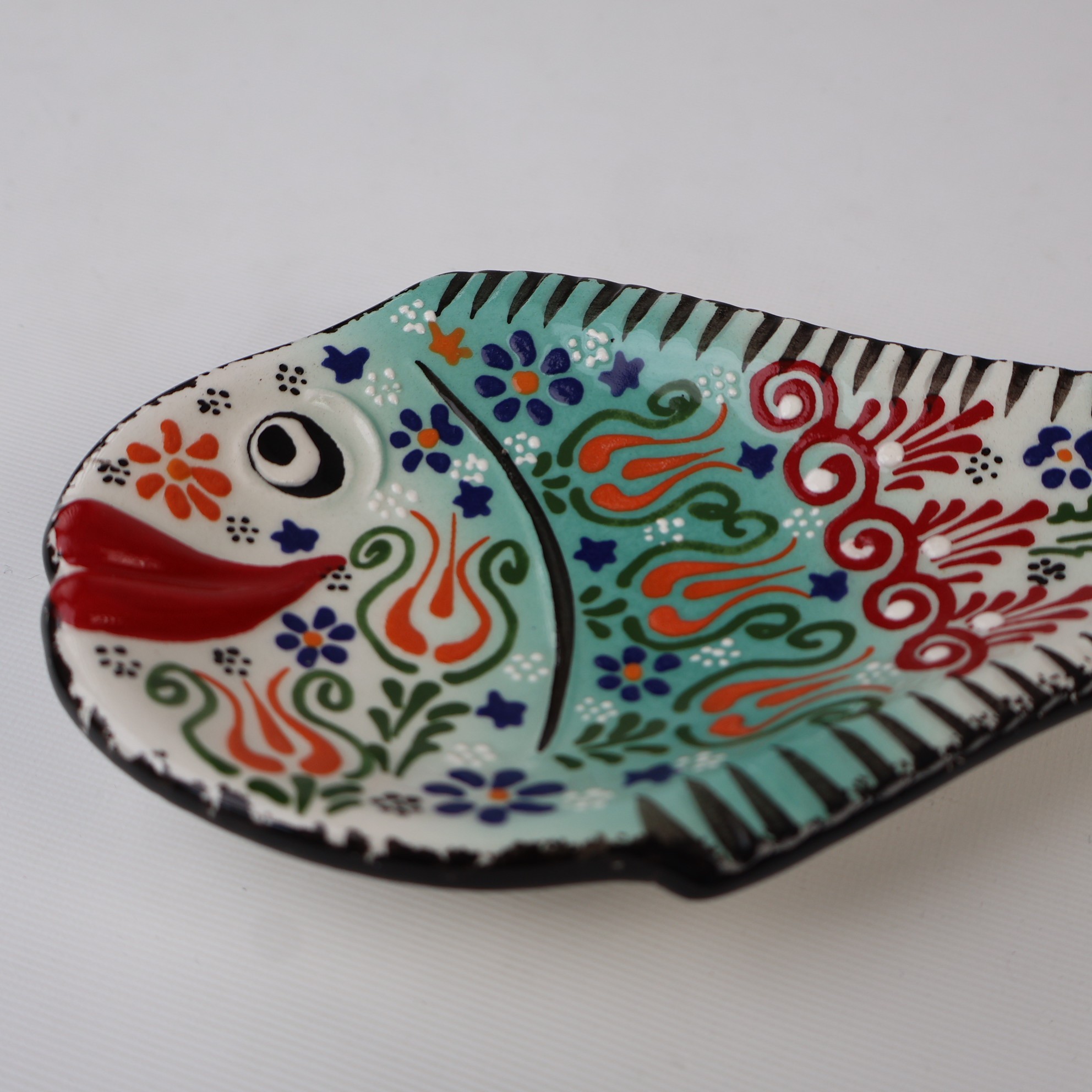 Handcrafted Fish Shaped Ceramic Spoon Rest - Raised Relief Floral Patterns (Variety of Colors) - Water Green