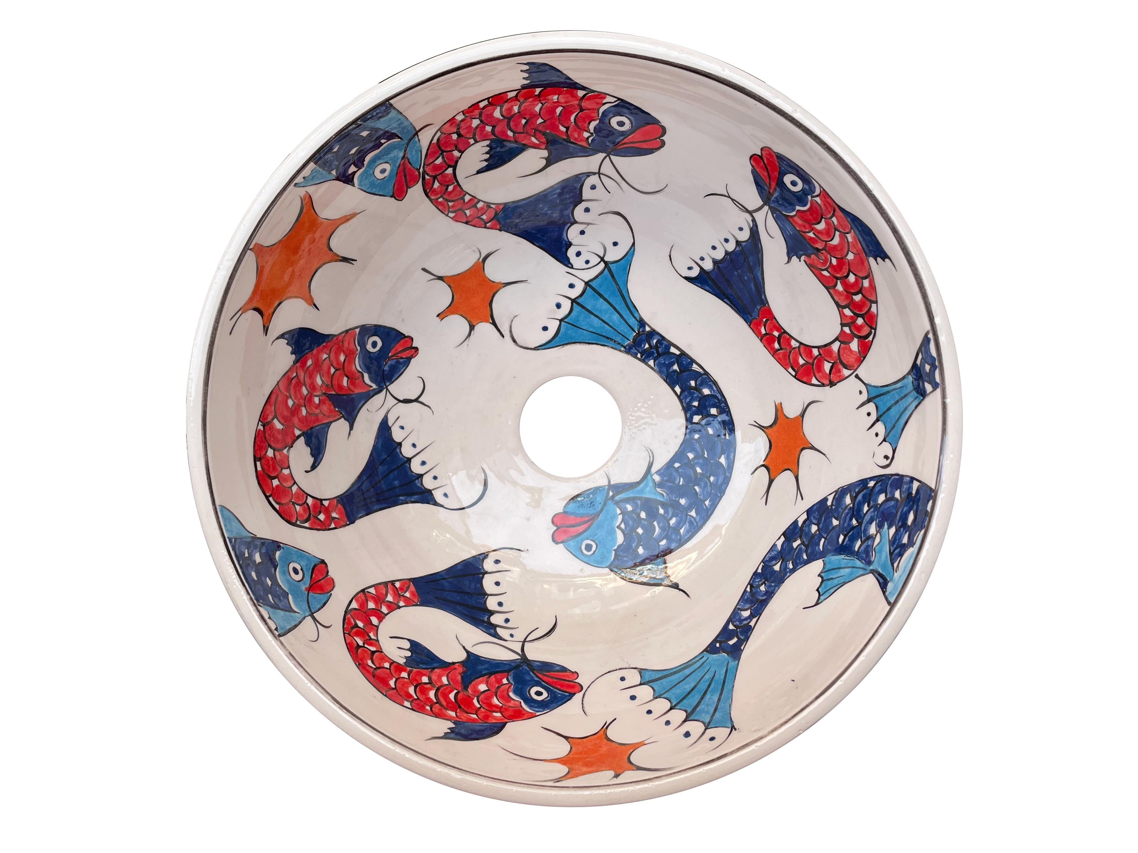 Hand Painted Bathroom Ceramic Vessel Sink Countertop - Fishes