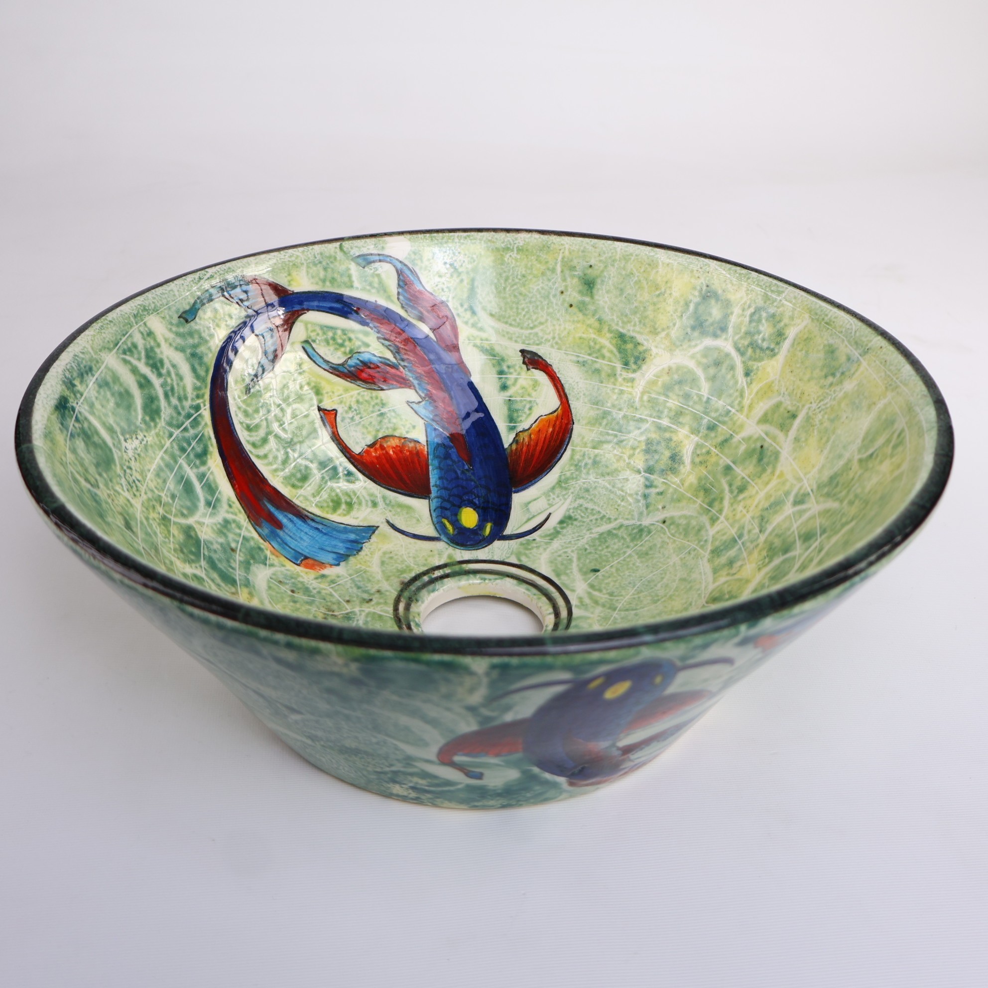 Handmade Japanese Koi Fish Ceramic Sink – Unique Luxury Bathroom Decor with Vibrant Green Artistic Design