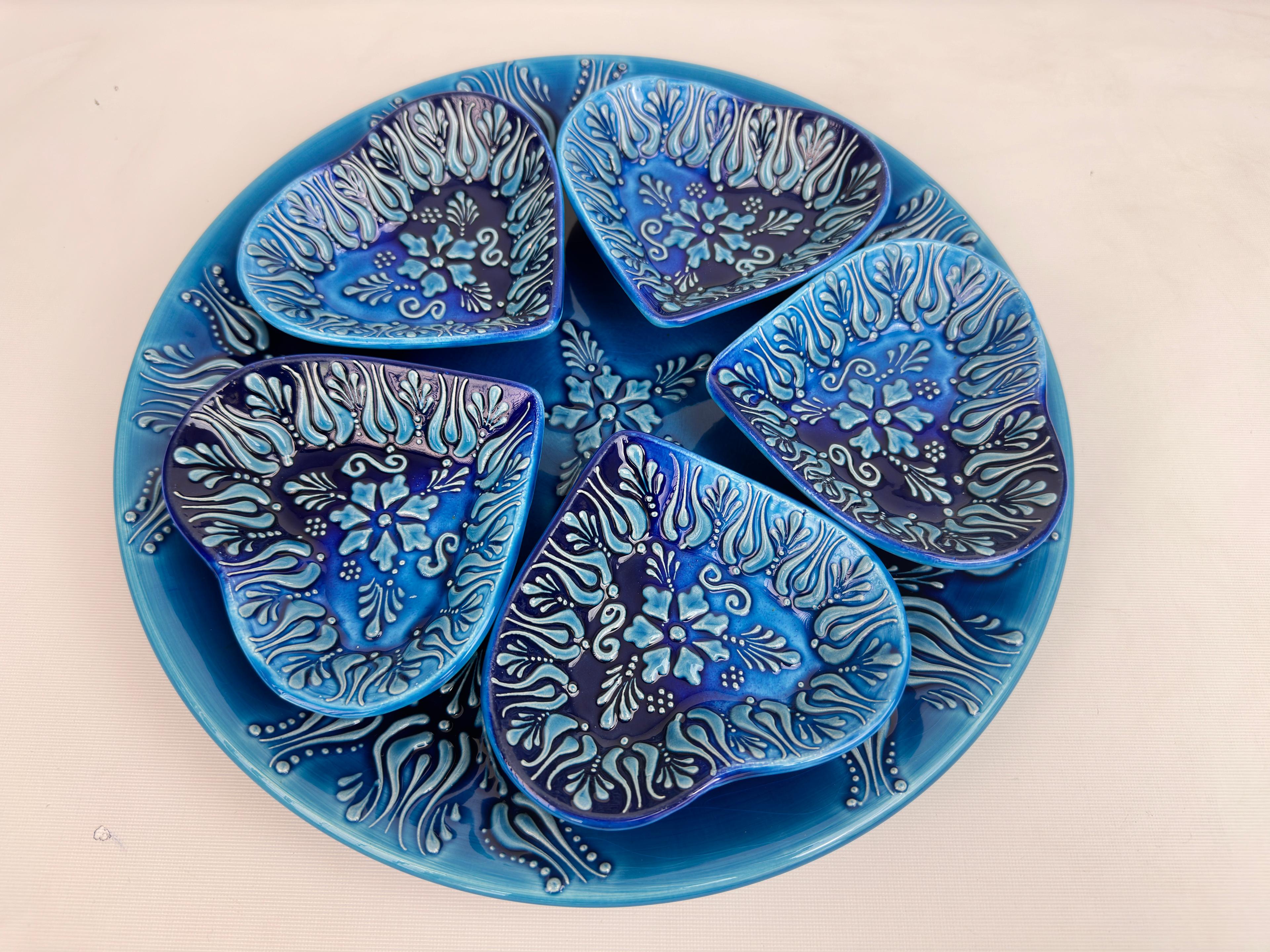 Hand Painted Snack Serving Platter and Dish Crudite Set - Embossed Floral - Blue