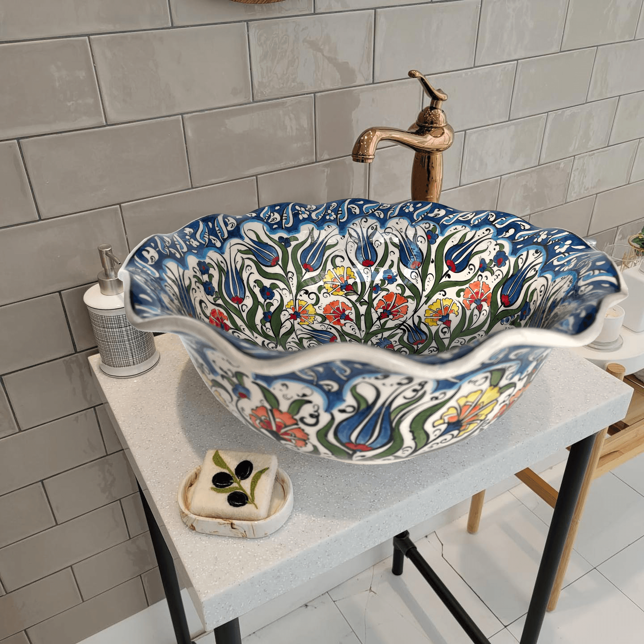 Turkish Hand Painted Bathroom Vessel Sink with Ruffled Edge | Colorful Flowers